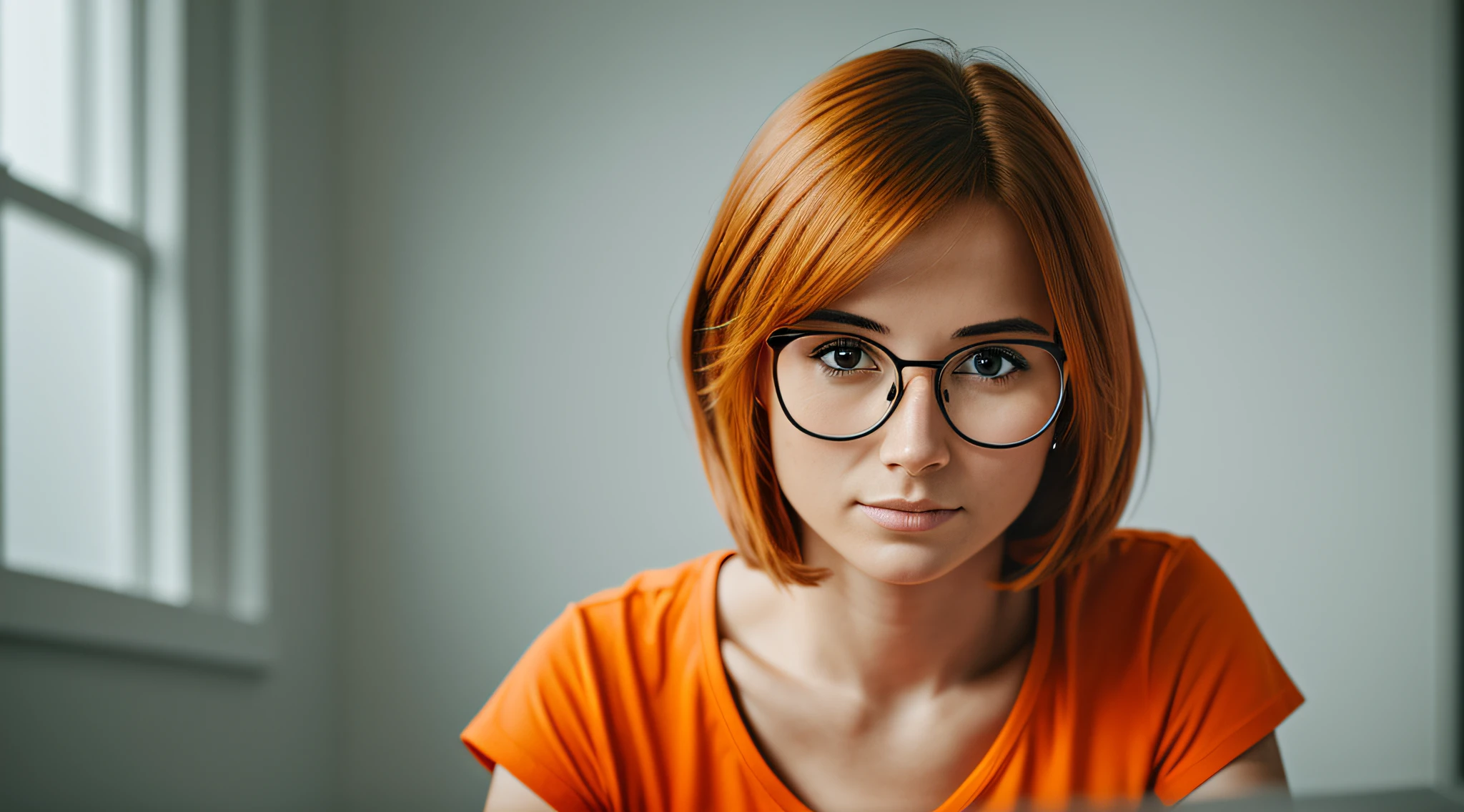 A 27-year-old female character wearing beautiful orange glasses and wearing a plain orange mesh T-shirt, in an agency with orange walls, very short and spiky orange brown hair, slim body, looking at the camera, cinematic lighting, shallow depth of field, 8k UHD, DSLR, 35mm 1.8 lens, masterpiece, high quality, photorealistic,  realism, hyperrealism, art photography --auto --s2