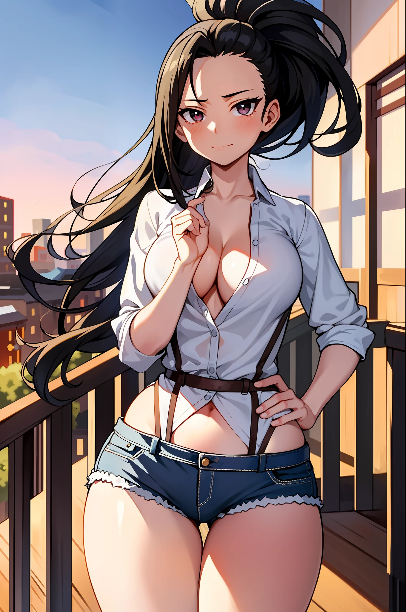 (masterpiece, best quality: 1.2), cowboy shot, solo, 1girl, yaoyorozu momo, anime screencap, city, long hair, black hair, gray eyes, looking at the viewer, lustful, closed mouth, ass, wide hips, short shirt, short shorts, unbuttoned shorts, erotica, back