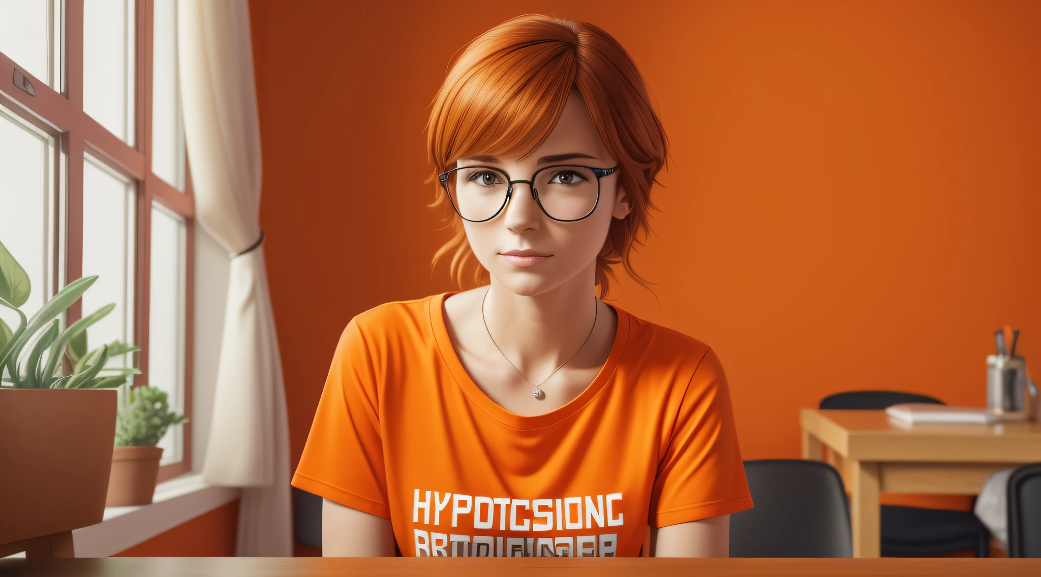 A 27-year-old female character wearing beautiful orange glasses and wearing a plain orange mesh T-shirt, in an agency with orange walls, very short and spiky orange brown hair, slim body, looking at the camera, cinematic lighting, shallow depth of field, 8k UHD, DSLR, 35mm 1.8 lens, masterpiece, high quality, photorealistic, realism, hyperrealism, art photography --auto --s2