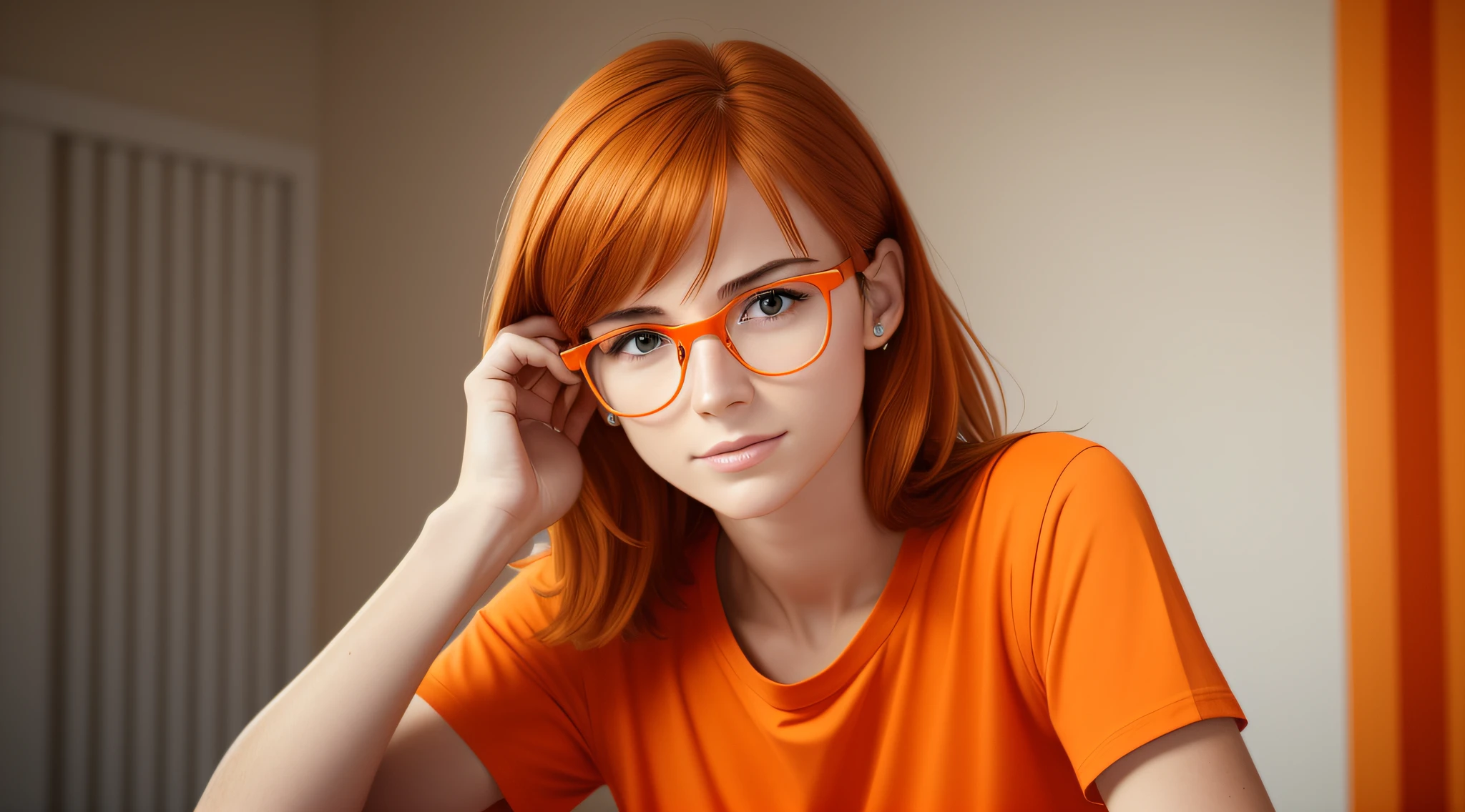 A 27-year-old female character wearing beautiful orange glasses and wearing a plain orange mesh T-shirt, in an agency with orange walls, very short and spiky orange brown hair, slim body, looking at the camera, cinematic lighting, shallow depth of field, 8k UHD, DSLR, 35mm 1.8 lens, masterpiece, high quality, photorealistic,  realism, hyperrealism, art photography --auto --s2