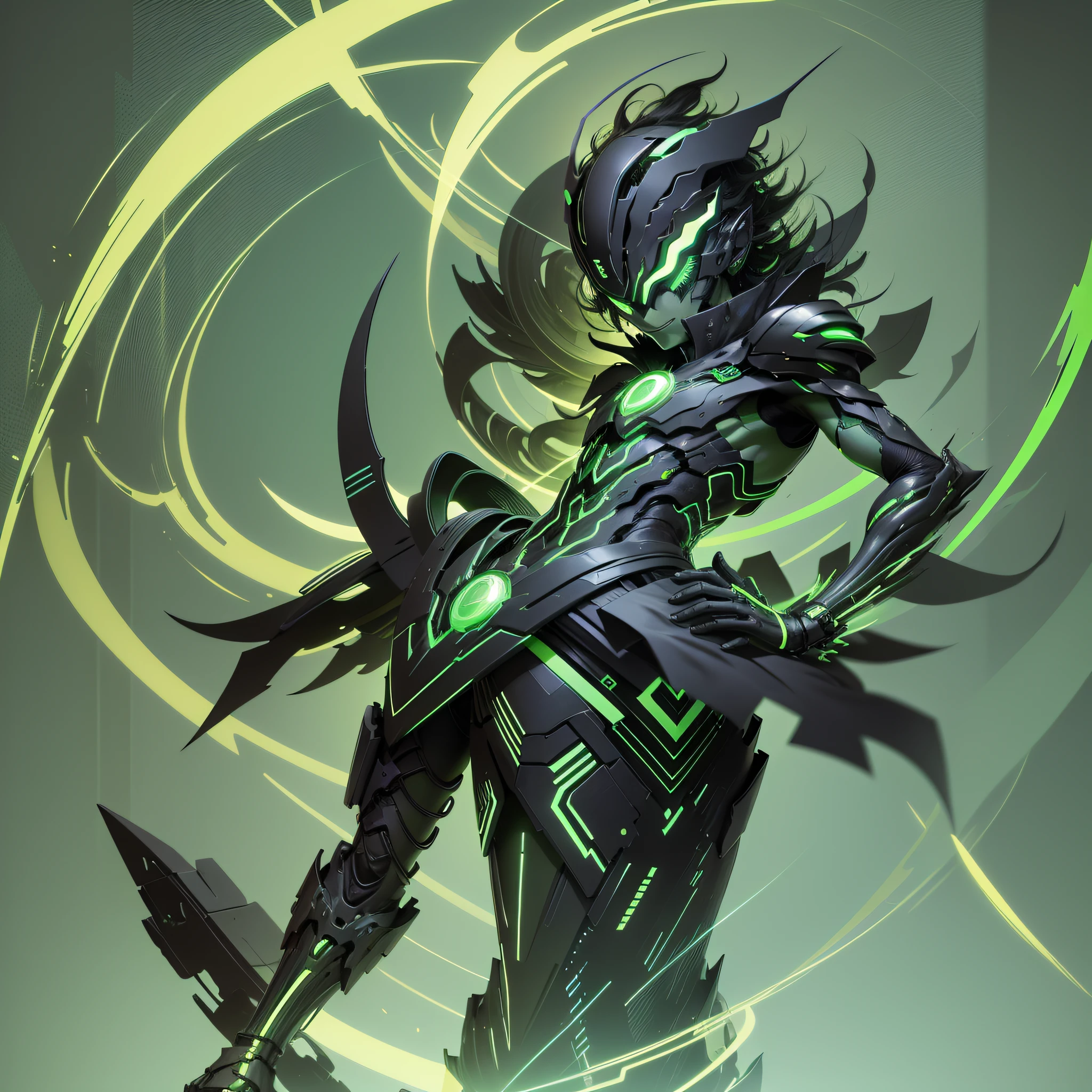 - A full-body avatar of a guy wearing an LED mask with green X-shaped eyes and a green smile and the color palette black and -light green -black. ! IMPORTANT!: anime style --auto --s2
