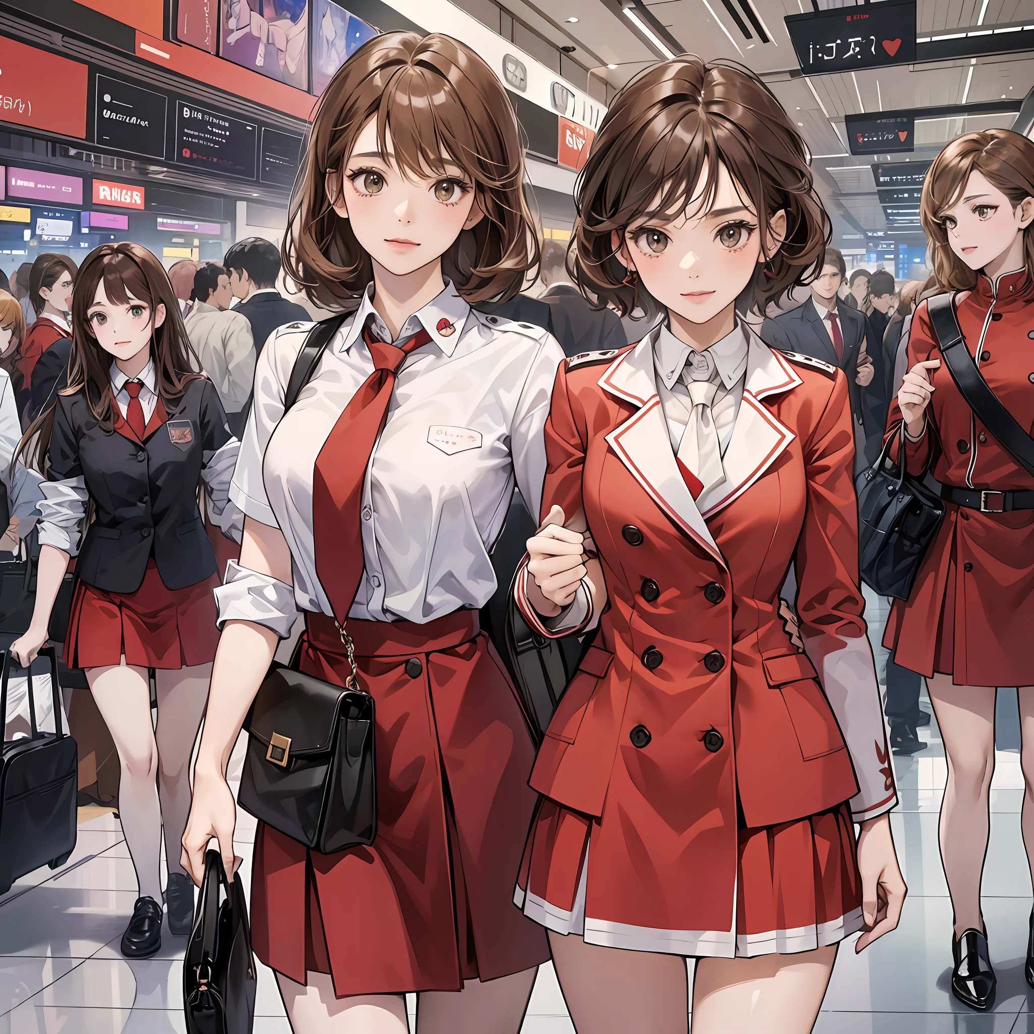 {{Mature female, caucasian}}, looking at viewer, hazel eyes, extremely detailed, medium breasts, brown hair, airport, flight attendant, uniform, red blazer, necktie, red skirt, medium skirt, high heels, happy, best quality, high quality, extremely detailed anime screencap, {{{{crowded, multiple girls, thousands of sisters, millions of sisters,billions of sisters, clone, doppelganger, matching outfit, matching hairstyle}}}}