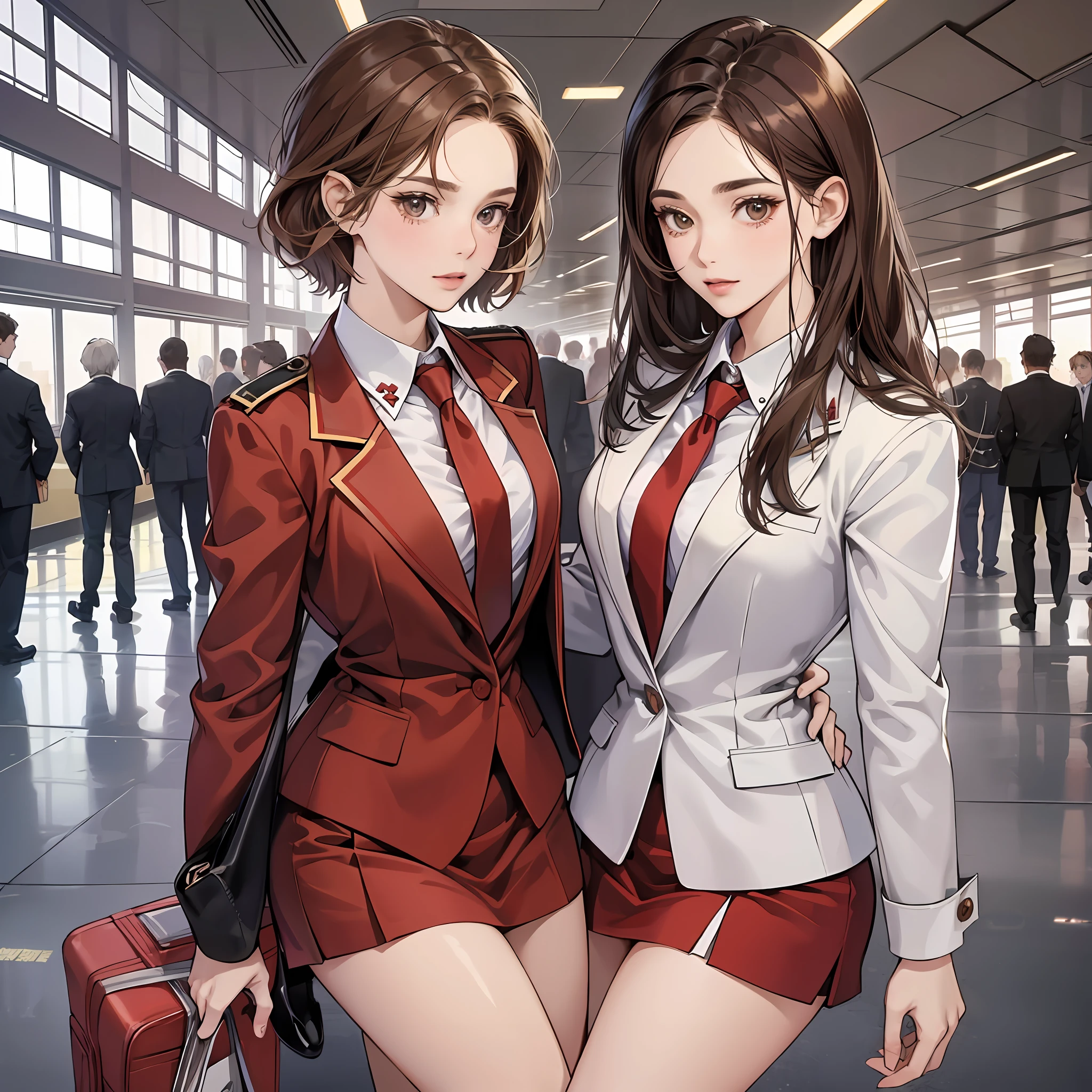 {{Mature female, caucasian}}, looking at viewer, hazel eyes, extremely detailed, medium breasts, brown hair, airport, flight attendant, uniform, red blazer, necktie, red skirt, medium skirt, high heels, happy, best quality, high quality, extremely detailed anime screencap, {{{{crowded, multiple girls, thousands of sisters, millions of sisters,billions of sisters, clone, doppelganger, matching outfit, matching hairstyle}}}}