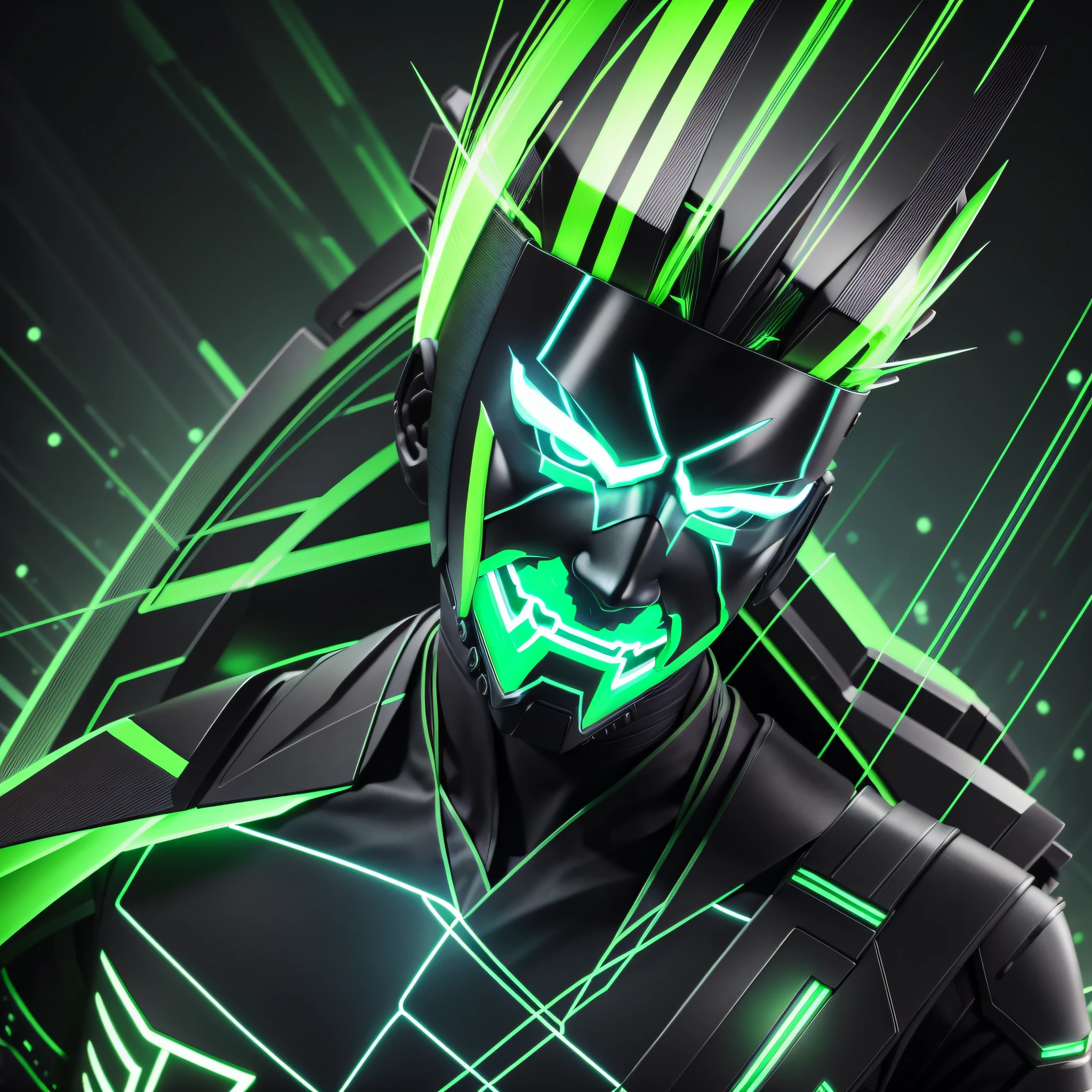- A full-body avatar of a man, blond, mohawk, wearing an LED mask with green X-shaped eyes and a green smile and the color palette black and -light green -black. ! IMPORTANT!: 8k, 300dpi
