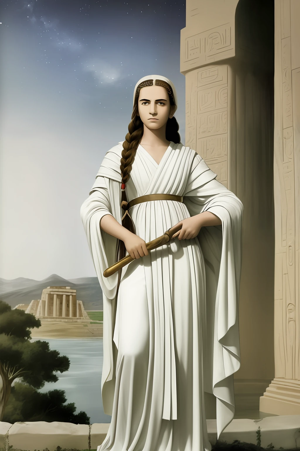 (masterpiece, top quality, best quality, official art, beautiful and aesthetic:1.2), (1girl:1.3), long hair, braid sidelocks, extremely detailed, portrait, looking at viewer, solo, (full body:0.6), detailed face, soft smile, dynamic pose,  bronze age, (ancient mesopotamian theme:1.1), sumerian, mesopotamian mythology,  Uruk, ziggurat, demigod, white robe, laurel,  ancient theme, (flourishing civilization:1.1), pristine white marble, (intact:1.1) ancient palace, mediterranean landscape, river in background, brazier,  night, darkness, stars,   floating bronze particles,, dutch angle