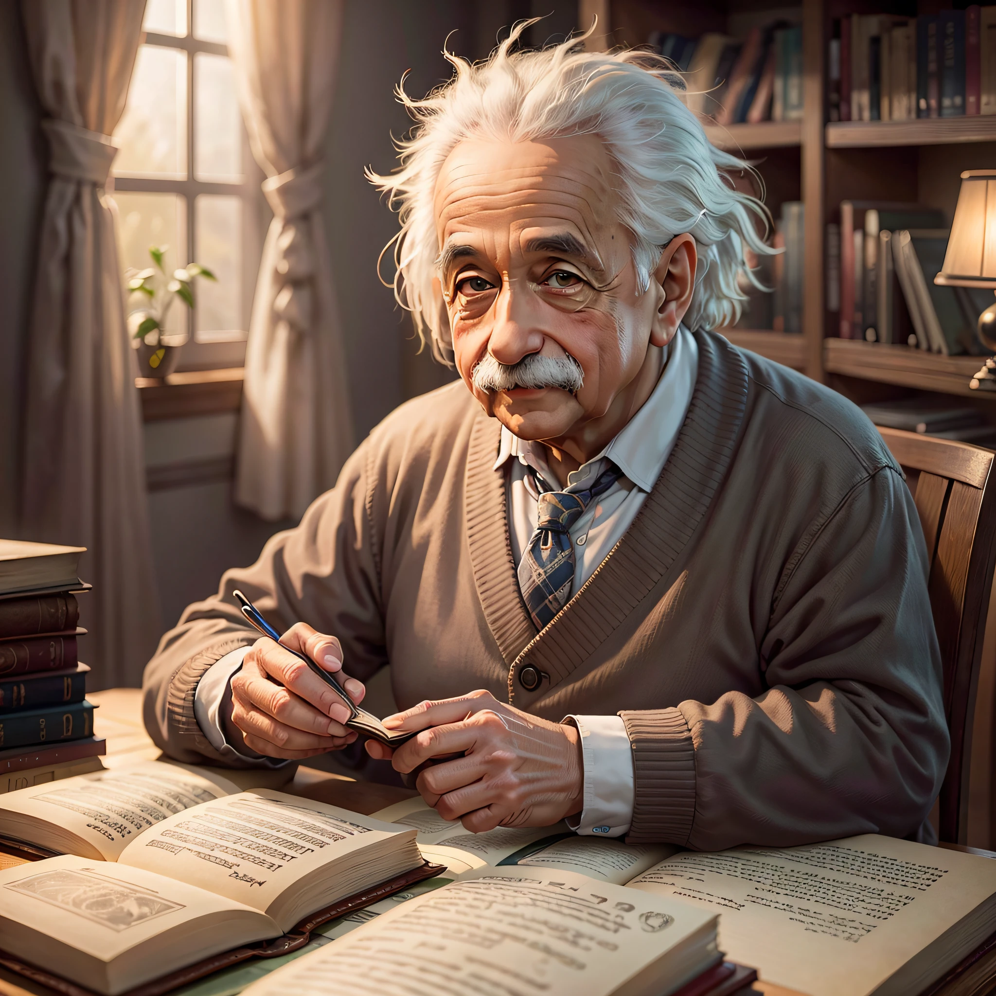 Detailed and realistic image of Albert Einstein smiling, looking forward, reading an old book, twilight light, warm atmosphere, cultured atmosphere --auto --s2