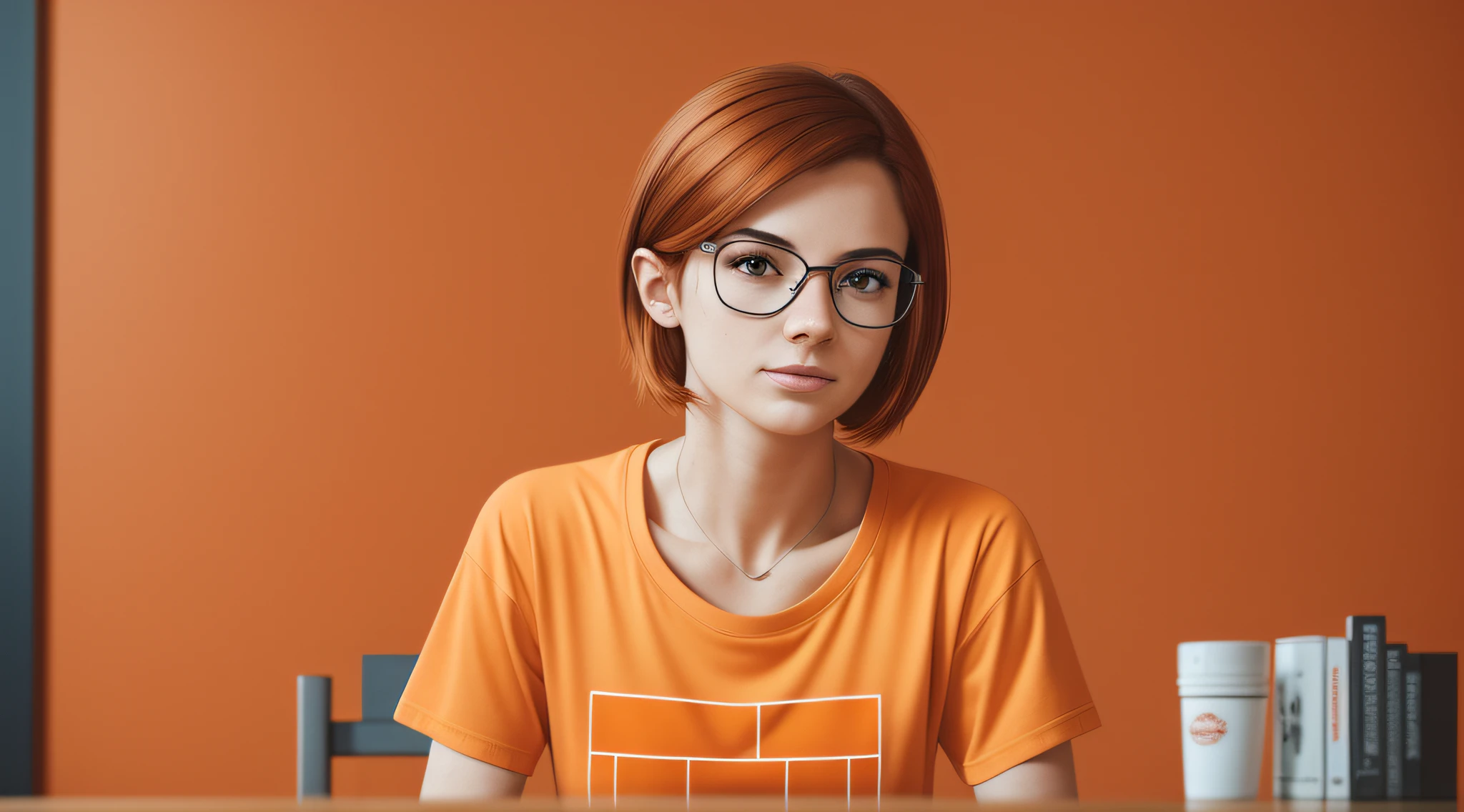 A 27-year-old female character wearing beautiful orange glasses and wearing a plain orange mesh T-shirt, in an agency with orange walls, very short and spiky orange brown hair, slim body, looking at the camera, cinematic lighting, shallow depth of field, 8k UHD, DSLR, 35mm 1.8 lens, masterpiece, high quality, photorealistic, realism, hyperrealism, art photography --auto --s2