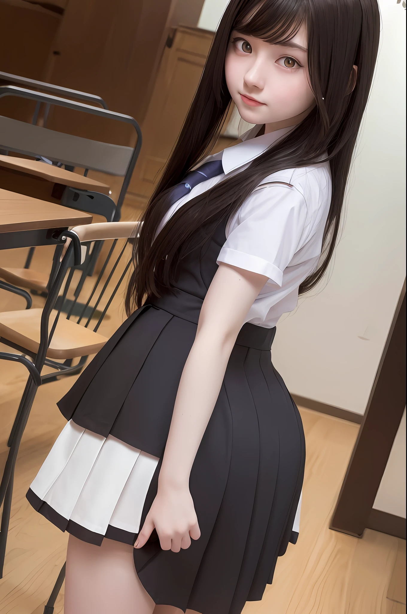 masterpiece, best quality, (pale skin girl: 1.3), (large breasts: 1.1), 1girl . (school uniform:1.2), long black hair,brown eyes,(ghost house:0.8), (sunset:0.7),(average ass:1.4), (shy smile:0.8)