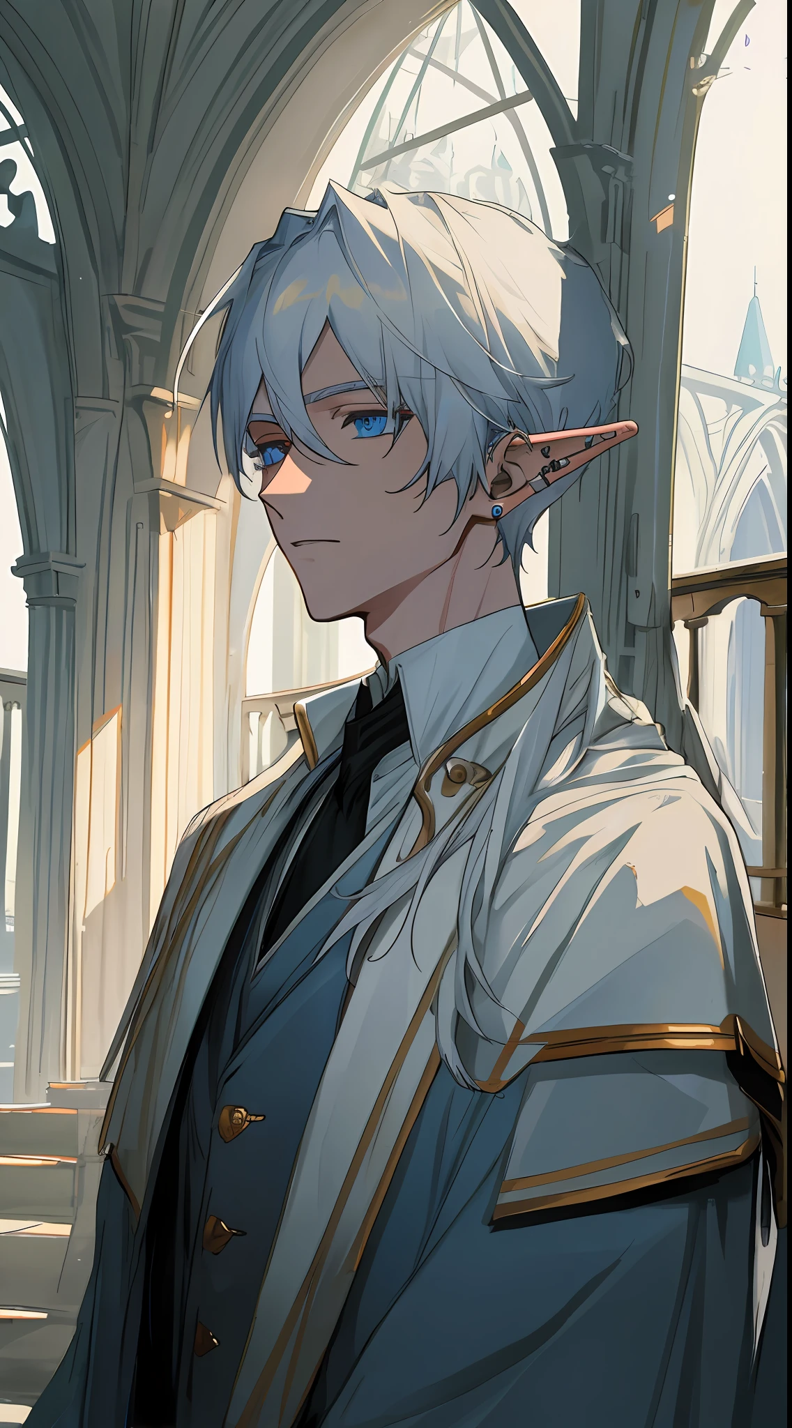 (((8k, RAW photo, best quality, Masterpiece: 1.4))), super high resolution, super detailed, illustration, close-up, handsome man, blue eyes, (detailed eyes, bright eyes:1.2), white medium-length hair, elf, pale skin, ear piercings, detailed clothing, accessories on clothes, bridge in the background, only environment, broken laboratory, starry sky, architecture, future, imagination, outdoor, High quality shadows, natural lighting, white glare