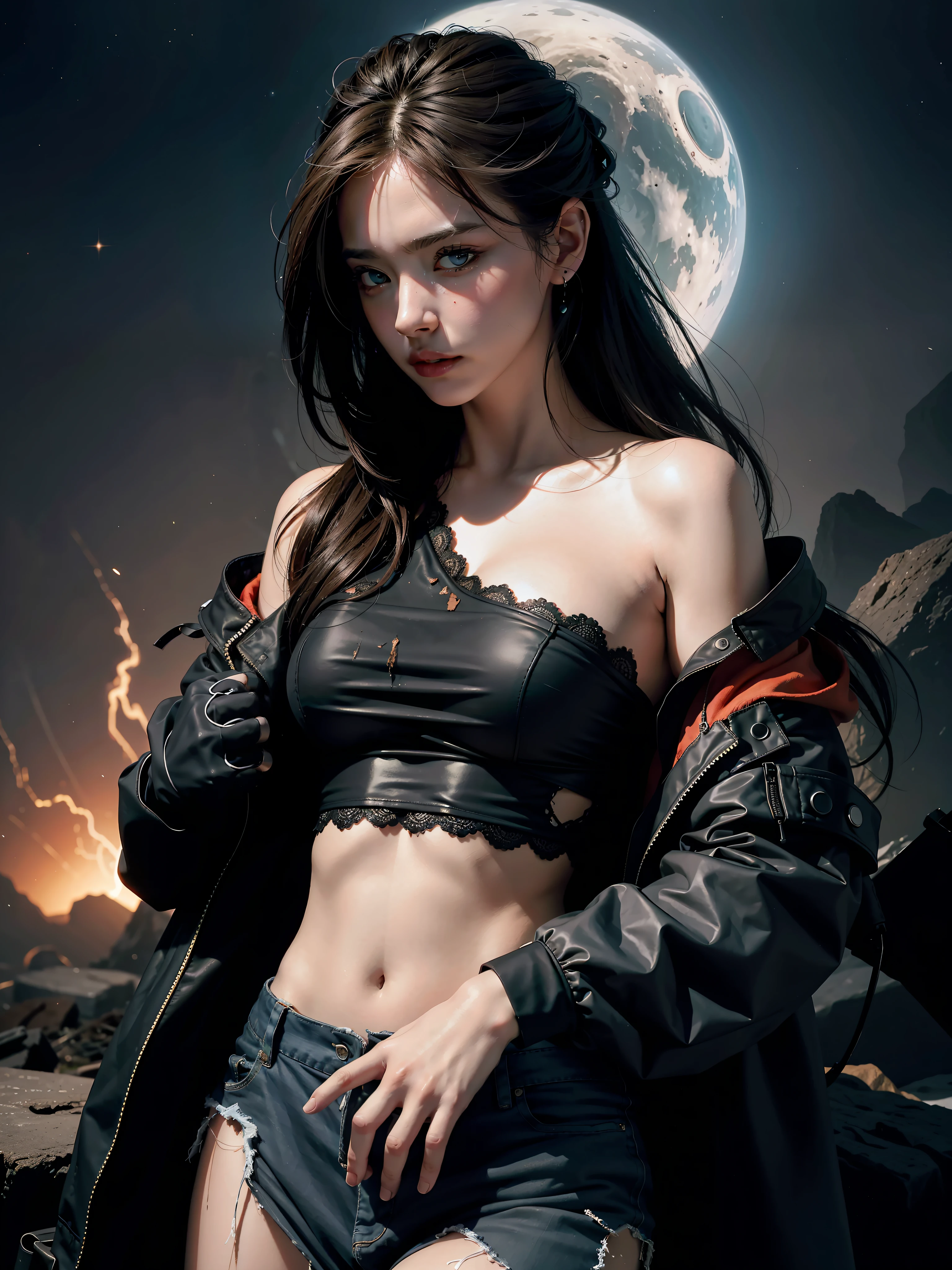 official art, unified 8k wallpaper, super detailed, beauty and aesthetics, beauty, masterpiece, best quality, can't breathe, pain, struggle, tattered clothes, simple clothes, black hole and nebula in background, lying on your stomach, without headphones, Clear eyes, An uncomfortable expression on his face, Off-the-shoulder coat, half-body, right body, right hands, White underwear