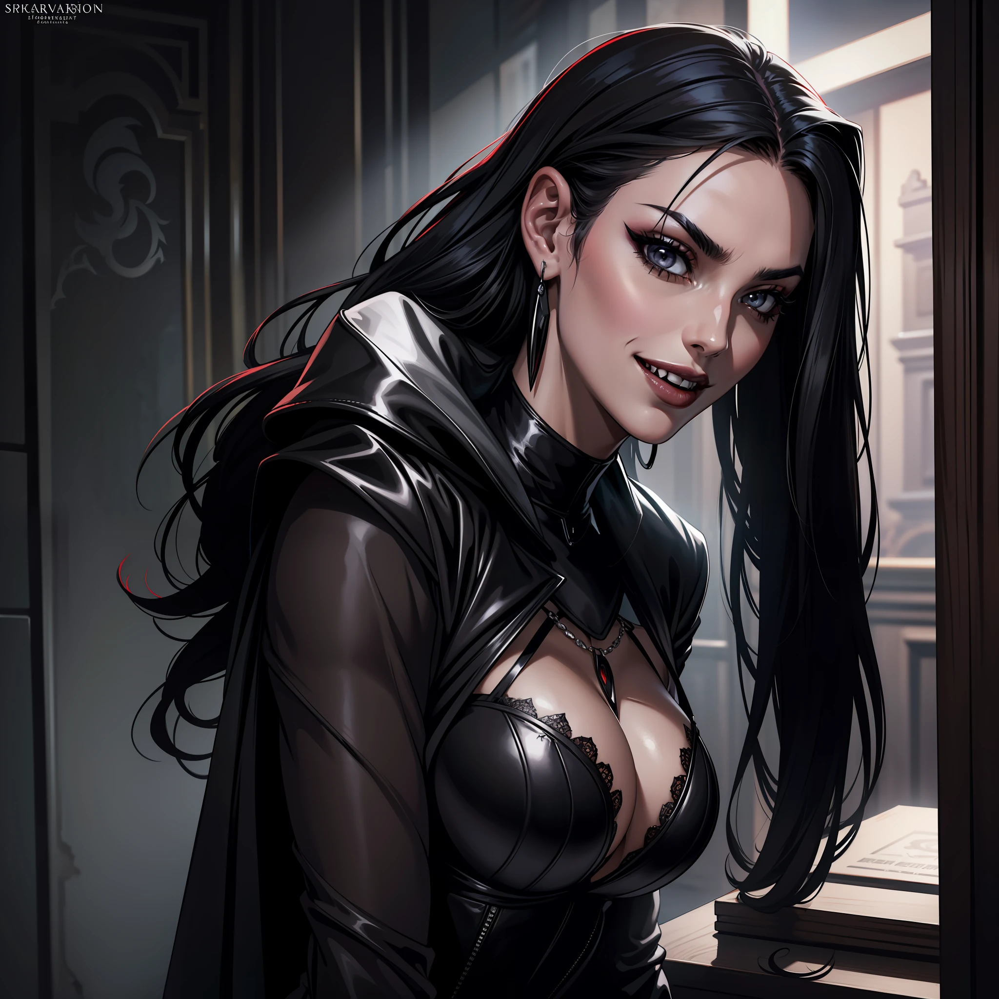(extremely detailed 8k wallpaper), dark theme, Vampire the Masquerade, modern horror, 2020s, beautiful adult woman, wearing bright gala, expensive jewelry, sharp focus, (subsurface scattering:1.1), award-winning photography, centered face, face of top model Adriana Lima, vampire fangs on display, half fetish, ((a Toreador vampire)), half-body photo:1.1, long black hair stuck, supernatural gray eyes:1.2, gorgeous smile, posing n at a gala, dramatic lighting