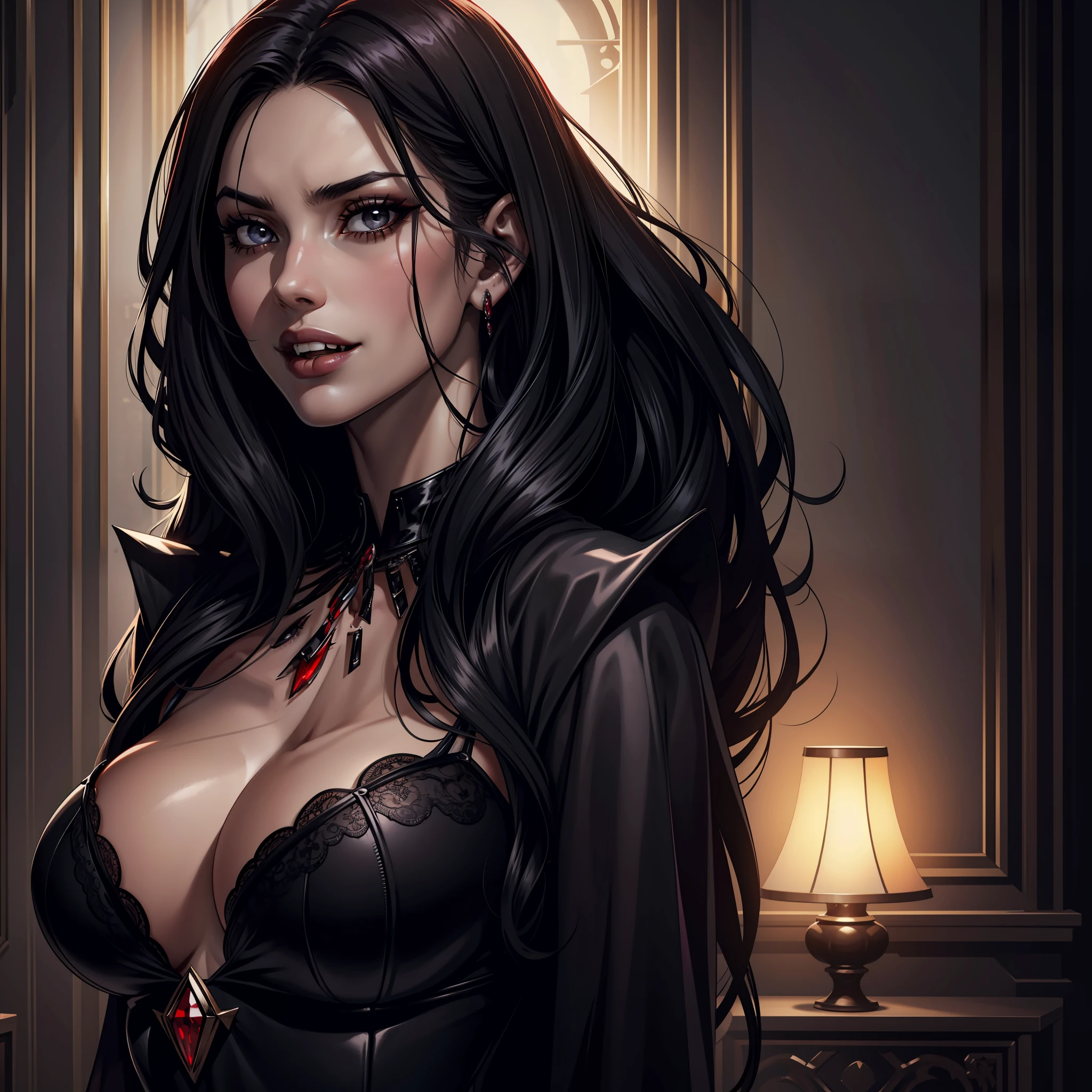 (extremely detailed 8k wallpaper), dark theme, Vampire the Masquerade, modern horror, 2020s, beautiful adult woman, wearing bright gala, expensive jewelry, sharp focus, (subsurface scattering:1.1), award-winning photography, centered face, face of top model Adriana Lima, vampire fangs on display, half fetish, ((a Toreador vampire)), half-body photo:1.1, long black hair stuck, supernatural gray eyes:1.2, gorgeous smile, posing n at a gala, dramatic lighting