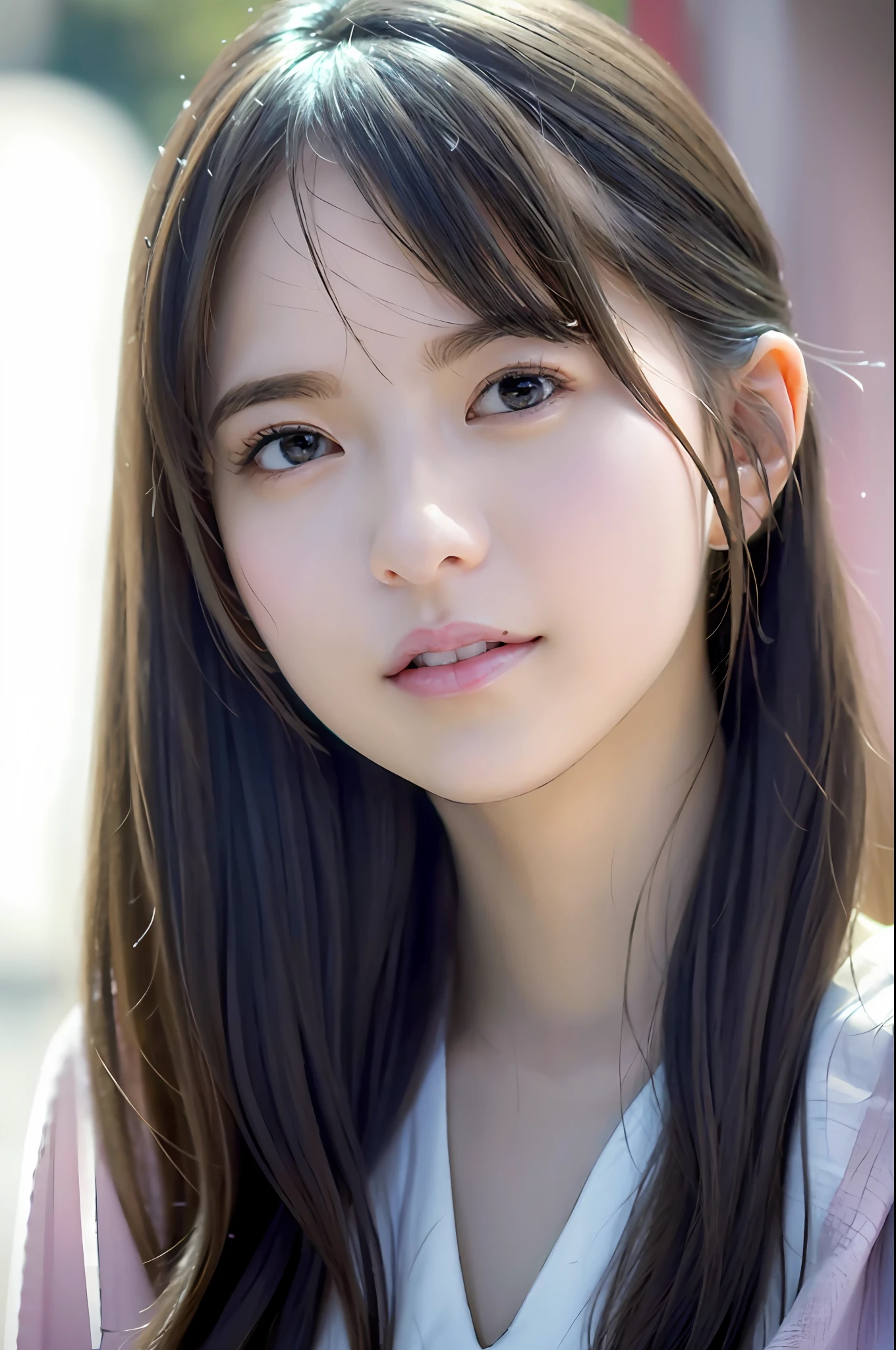 best quality, white skin, real human skin, (detailed fac), oval face, pores, ultra high res, (8k, RAW photo, photorealistic:1.4), 1girl, slim, (looking at viewer with a serene and goddess-like happiness:1.2), ( lipgloss, eyelashes, gloss-face, best quality, ultra highres, Broad lighting, natural shading), oversized jacket, fashion shirt, cityscape,