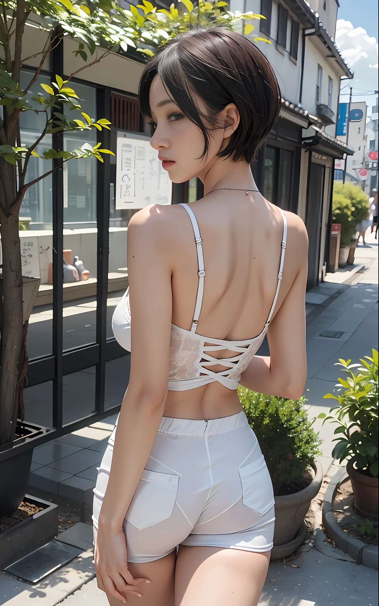 White corset, shiny white bondage, gentle face, rubber, boyish short hair (1.5), short hair, BDSM, slave, woman looking back (2), building district in central Tokyo (1.3), sunny sky, strong sunlight (1.6), ((highest quality, 8k, masterpiece: 1.3)), clear focus: 1.2, beautiful woman with perfect figure: 1.4, slender abs: 1.2(layer cut, big: 1.2)), highly detailed face and skin texture, detailed eyes, T-back shorts (1.5), small face