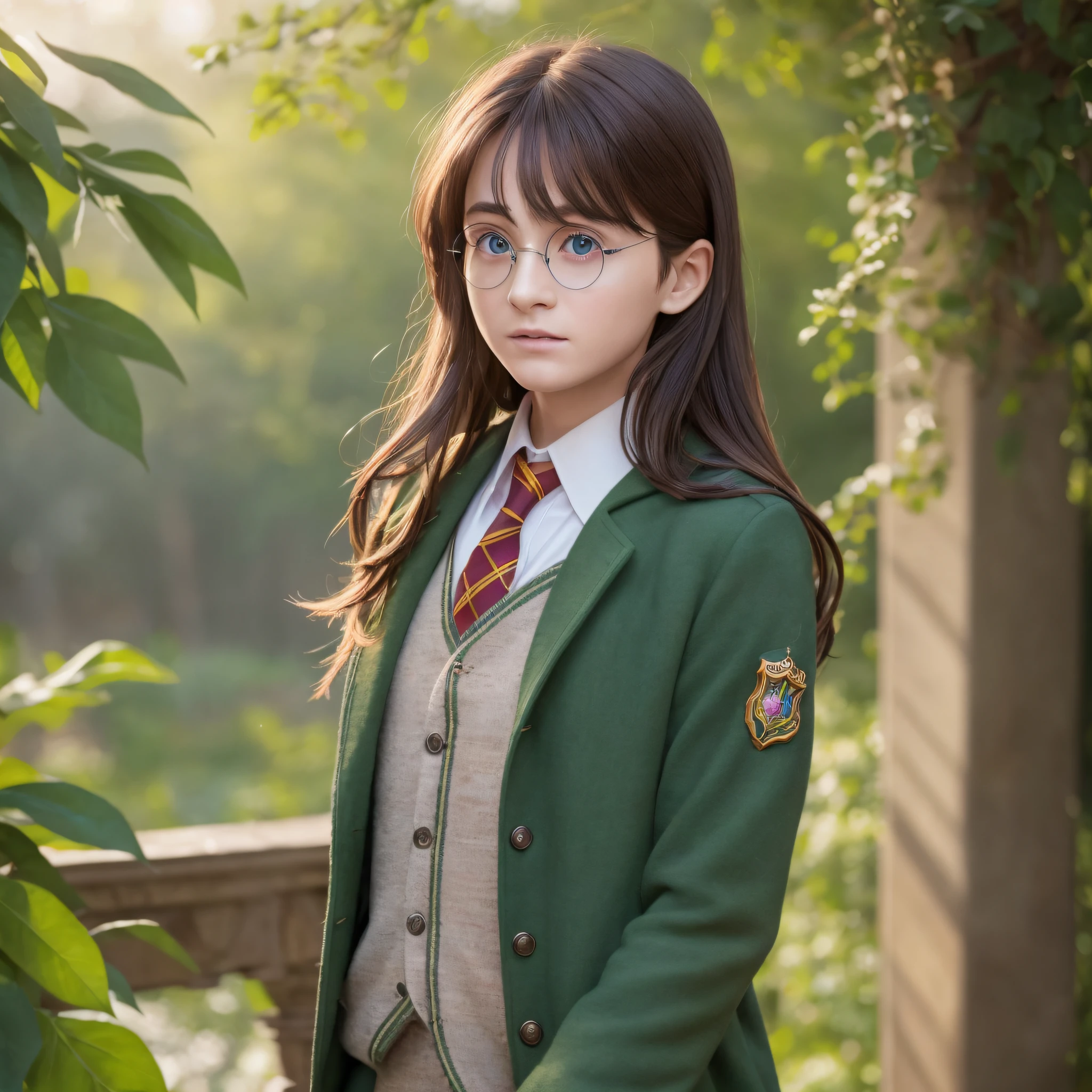 a beautiful photo of Harry Potter, wearing a school uniform, masterpiece, photorealistic, detailed, 4k, HDR, backlighting, bloom, light, color photo RAW, (fully in frame: 1.1), soft skin, brown, detailed face, bright green eyes, beautiful --auto --s2