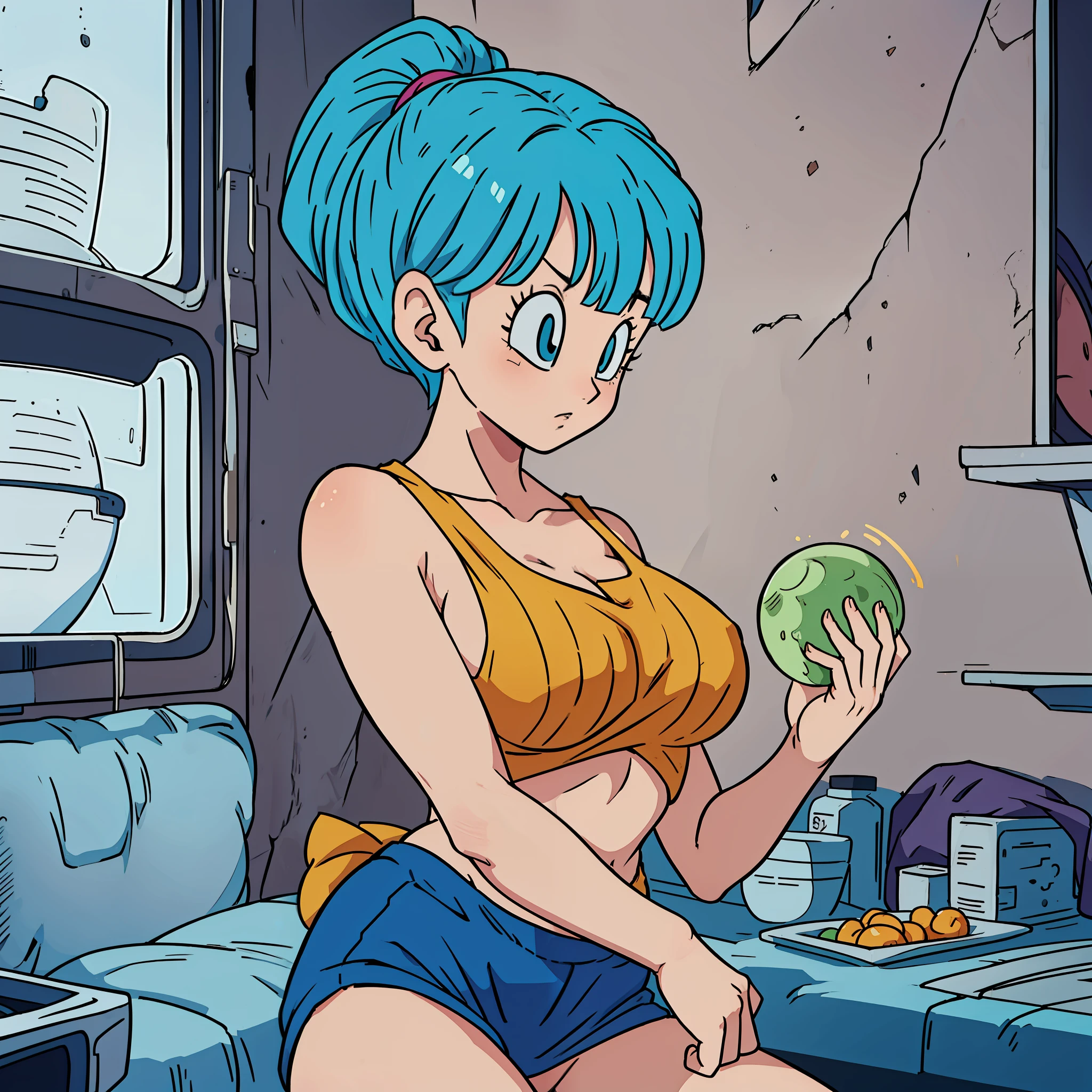 Bulma, 1girl, solo, breasts, skimpy, bangs, Dragon ball z, stripping, , big breasts, cleavage, skimpy, masterpiece, magnum opus, Fukk, bulma from dragonball