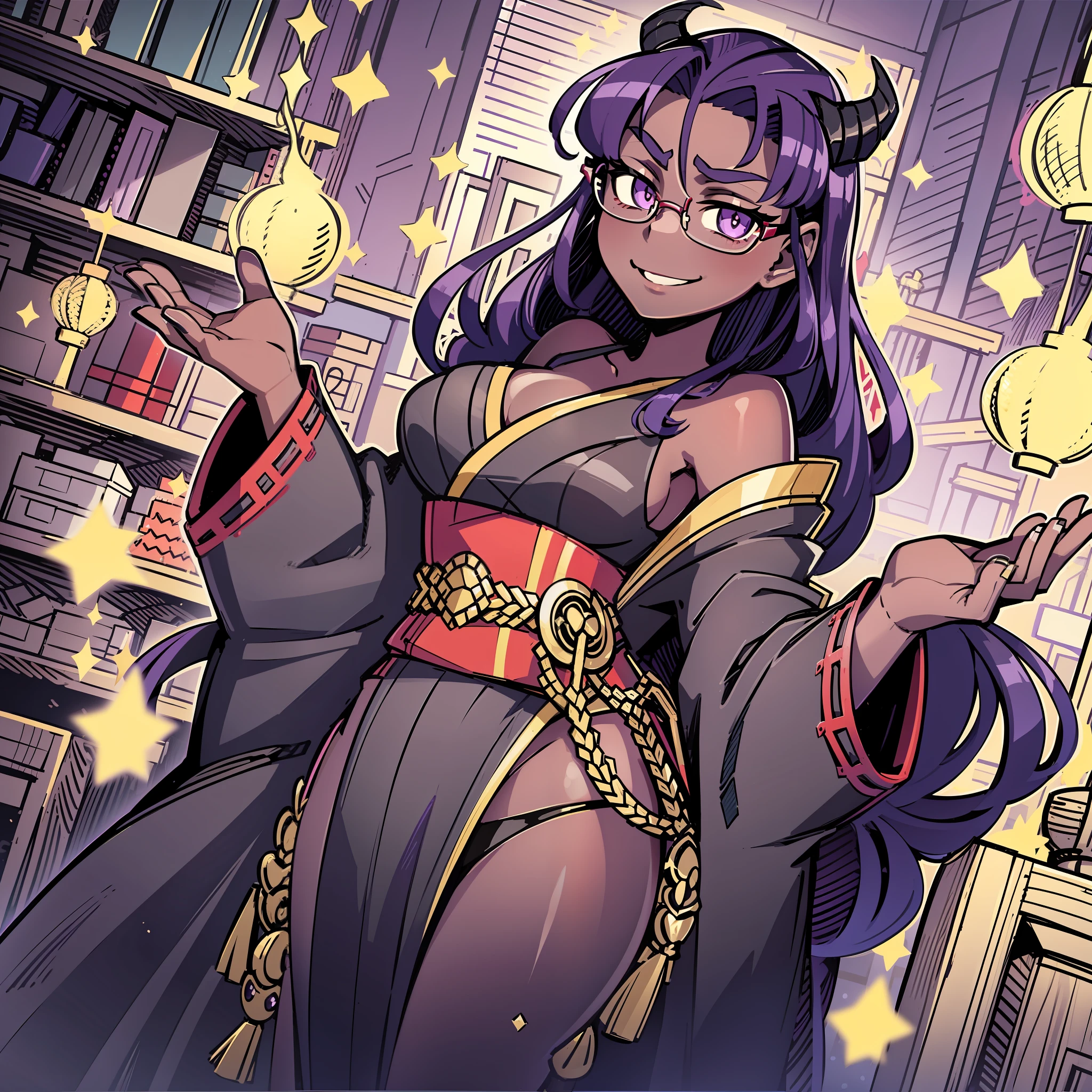 glasses, dark skin, long black kimono, shorts under kimono, big ass, , solo, long hair, smile, hands behind back, office, purple hair, solo, bright eyes, (dark skin), purple hair, (best quality, masterpiece), pov, looking at viewer, 1woman, large breasts, large thighs, dark skin, glasses, short, dark skin, solo,, standing, scales, dark red dragon horns, dark red dragon tail, subtle paterns of bright shades of purple along its limbs and tail, short red and purple eyes