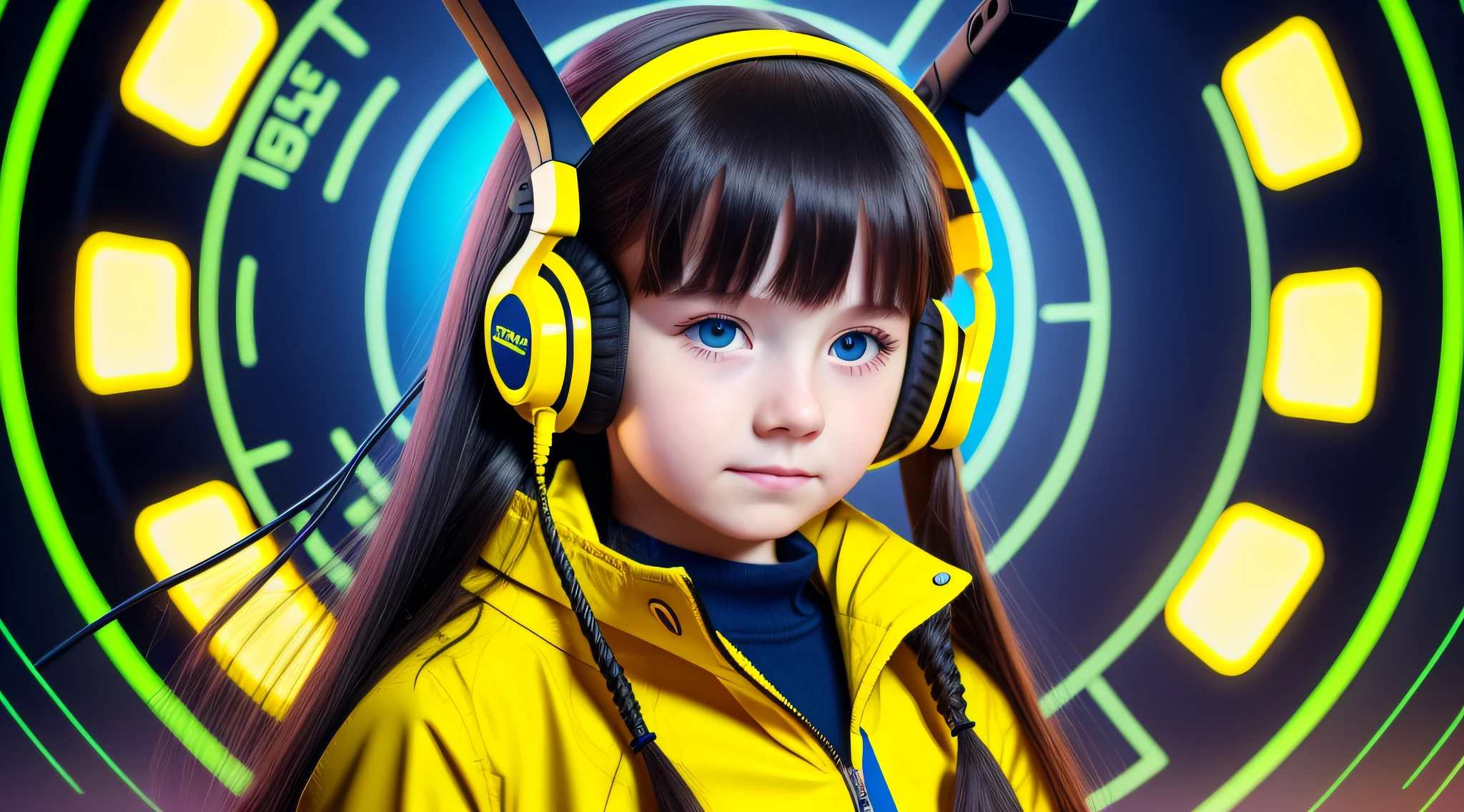 Russian child girl long dark hair straight, put on headset and change into a cyberpunk yellow coat but do not change the face, yellow background . --auto --s2