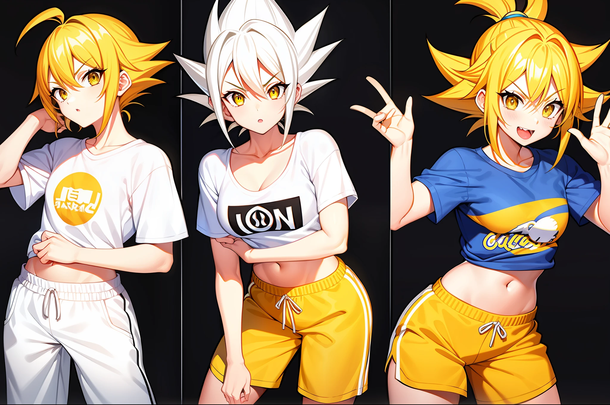 Girl in t-shirt white with logo in sweatpants yellow spiky hair Goku styled hair Vegeta style hair full body yellow eyes posing in different face yellow hair flat chested angry facial small short one girl fullbody