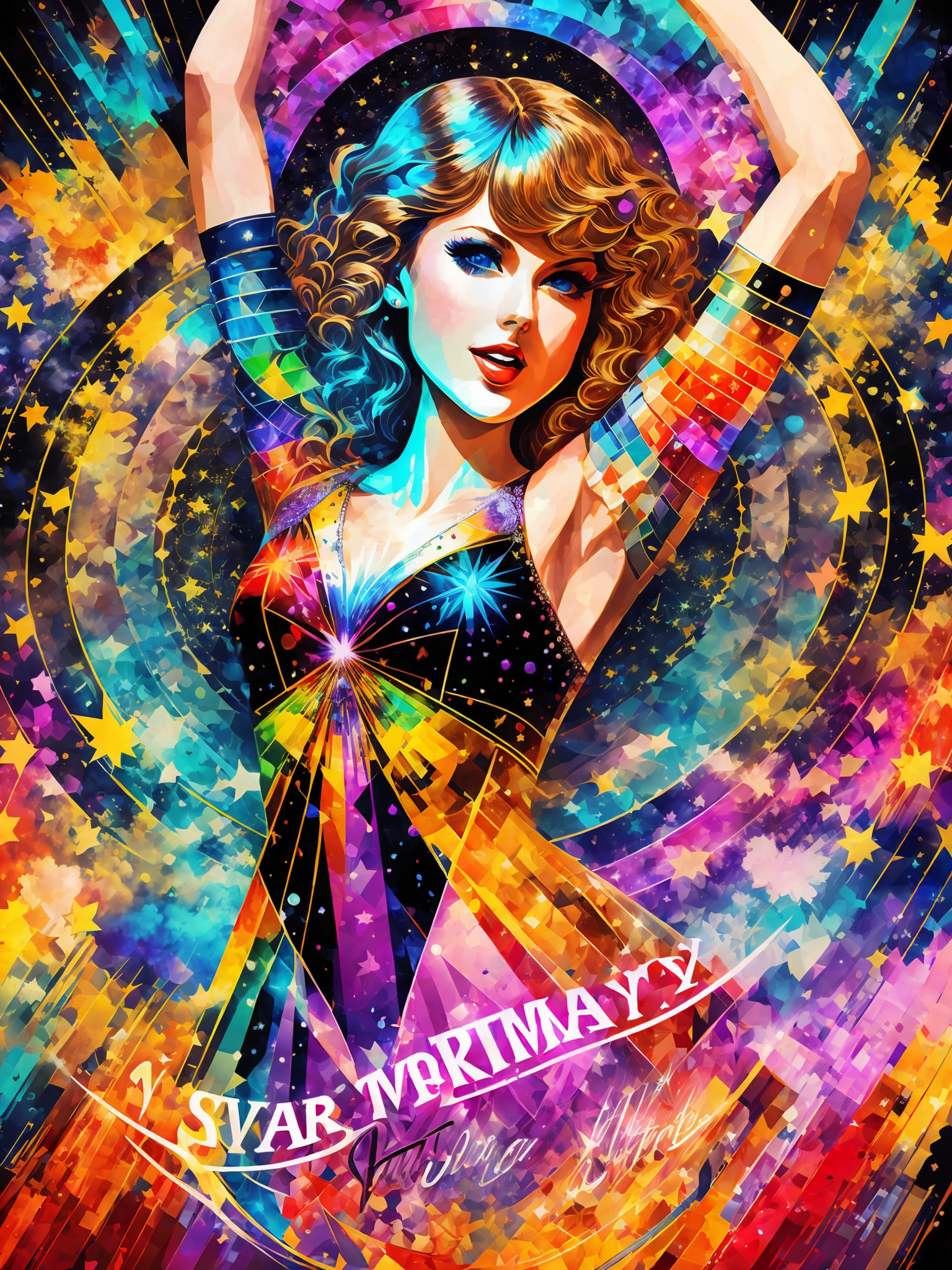 Create an ebook cover in the size of 210x297mm. The cover features a vibrant and dynamic design, capturing the energy and essence of the "Eras Tour." The background is black, with bursts of vibrant colors radiating from the center of the cover. These bursts of color represent the different eras of Taylor Swift's music career, with each color symbolizing a specific album. In the center of the cover, there is a stylized image of Taylor Swift in her iconic stage performance style (singing on stage). She is wearing a dazzling costume, with a microphone in hand and a radiant smile on her face. Around her, there are visual elements representing the different musical eras of Taylor Swift, such as musical notes, instruments, hearts, and stars. These elements add a touch of magic and charm to the cover. At the top of the cover, in bold and impactful letters, is the ebook title: "Eras Tour: Taylor Swift's Musical Journey." The title is displayed in a modern and elegant font, with each word in a different color corresponding to the color palette of the bursts in the background. At the bottom of the cover, in a smaller font size, there are additional details such as the name of the ebook's author, the release date, and other relevant elements. Overall, the cover conveys the energy, diversity, and passion of Taylor Swift's "Eras Tour," inviting readers to dive into her musical journey throughout the different eras of her career. --auto --s2