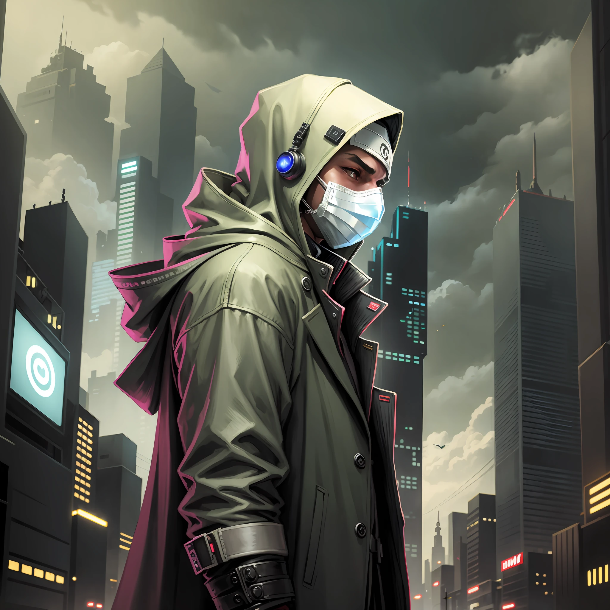 Overcoat man with mask and hood with a joystick, futuristic city, profile picture --auto --s2