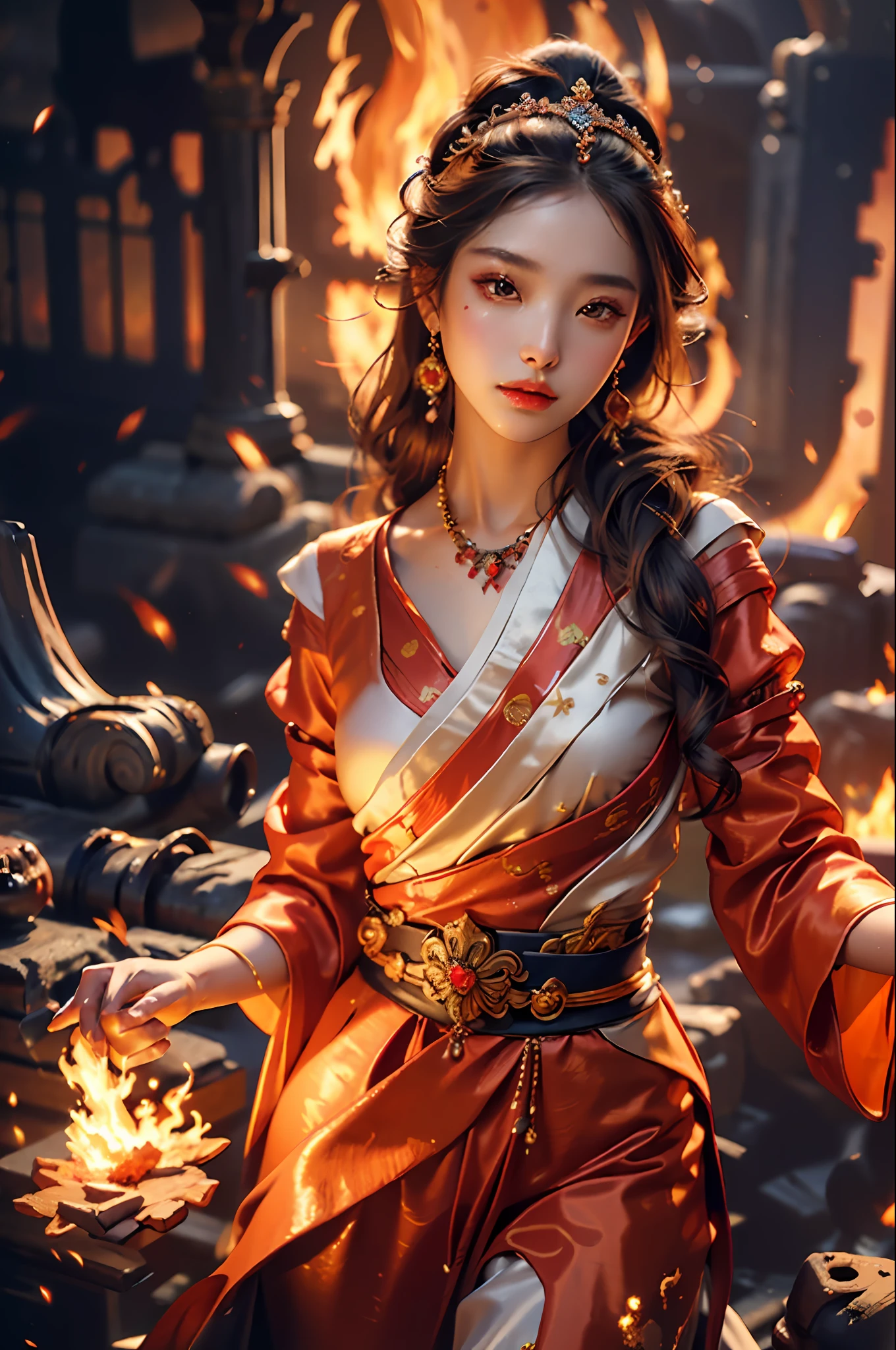 Best quality,masterpiece,ultra high res,(photorealistic:1.4)1girl,beautiful_face,detailed skin,full body,yuhuoshu,jewelry,solo,earrings,(fire:1.3),blurry,realistic,lips,