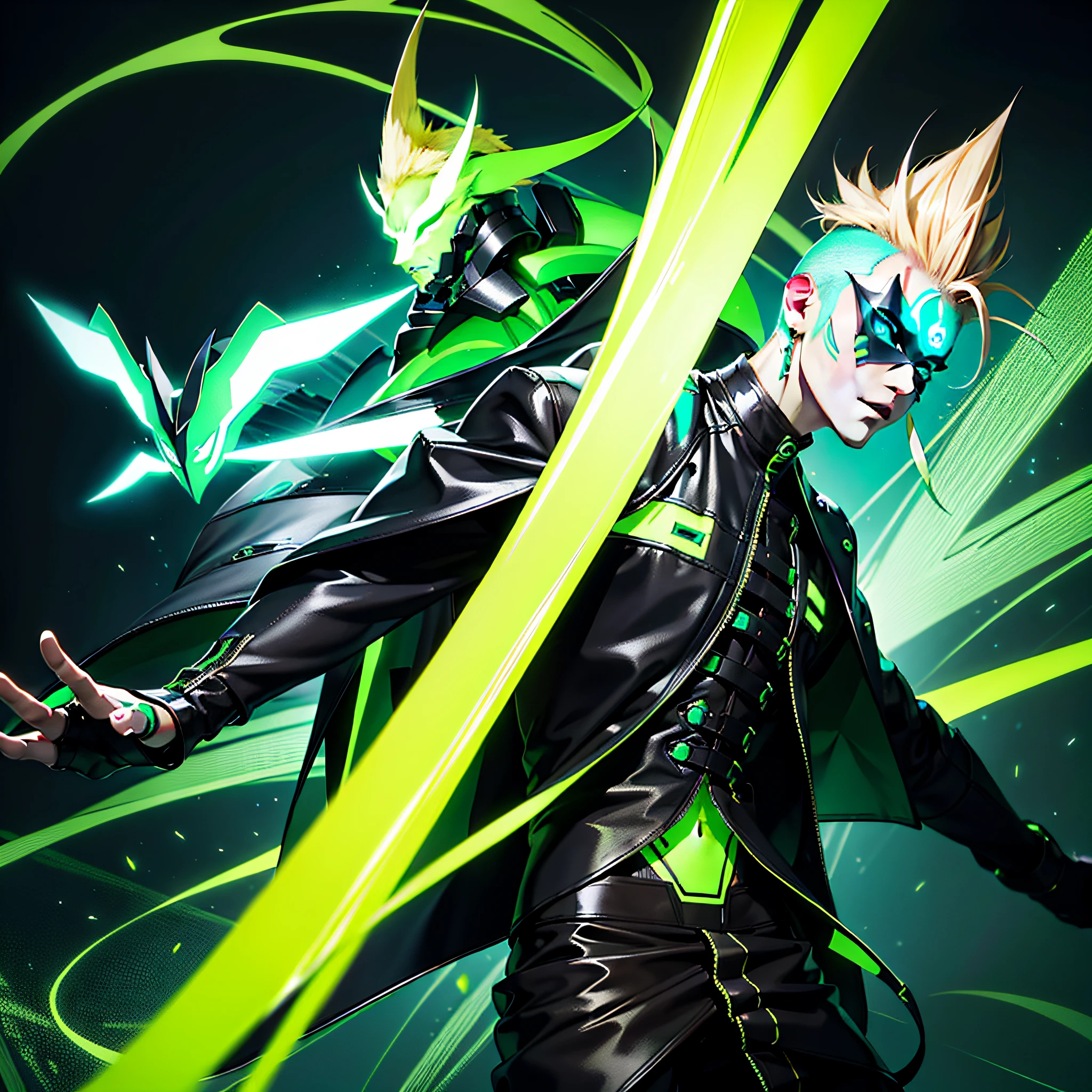 - A full-body avatar of a man, blond, mohawk, wearing an LED mask with green X-shaped eyes and a green smile and the color palette black and -light green -black. ! IMPORTANT!: 8k, 300dpi