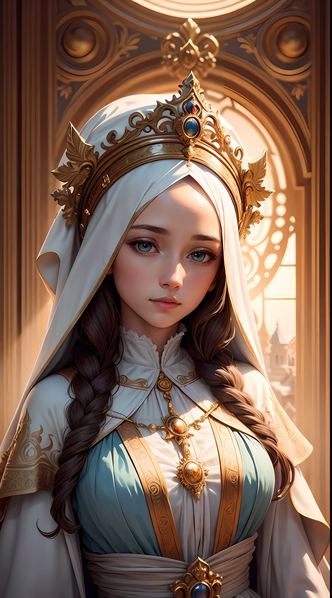"A hyper-realistic, unique statue of the Virgin Mary, mother of Jesus. The image should be in high resolution. The visual composition should focus on the image of Mary, with a frontal view. Baroque style, Composite clothing, Latin woman, Queen, beautiful and perfect eyes, rendered, dressed in robes, sky blue and lilac, veil, perfect, symmetrical., perfect composition, beautiful detailed, perfect cinematic light photography, award-winning photography, masterpiece. The light should be soft and diffuse, with an effect of divine light around Mary surrounded by clouds. Mary's robes should be in fine fabric and the colors should be in pastel and soft tones, well dressed as a queen, half bust, framed with wooden baroque floral. The atmosphere of the image should be one of serenity and peace, reflecting divine love and motherhood. The image should portray the Virgin Mary as an imposing and majestic figure. Put a halo and splendor behind Mary's head. The scene must be solemn, dedicated to Our Lady."