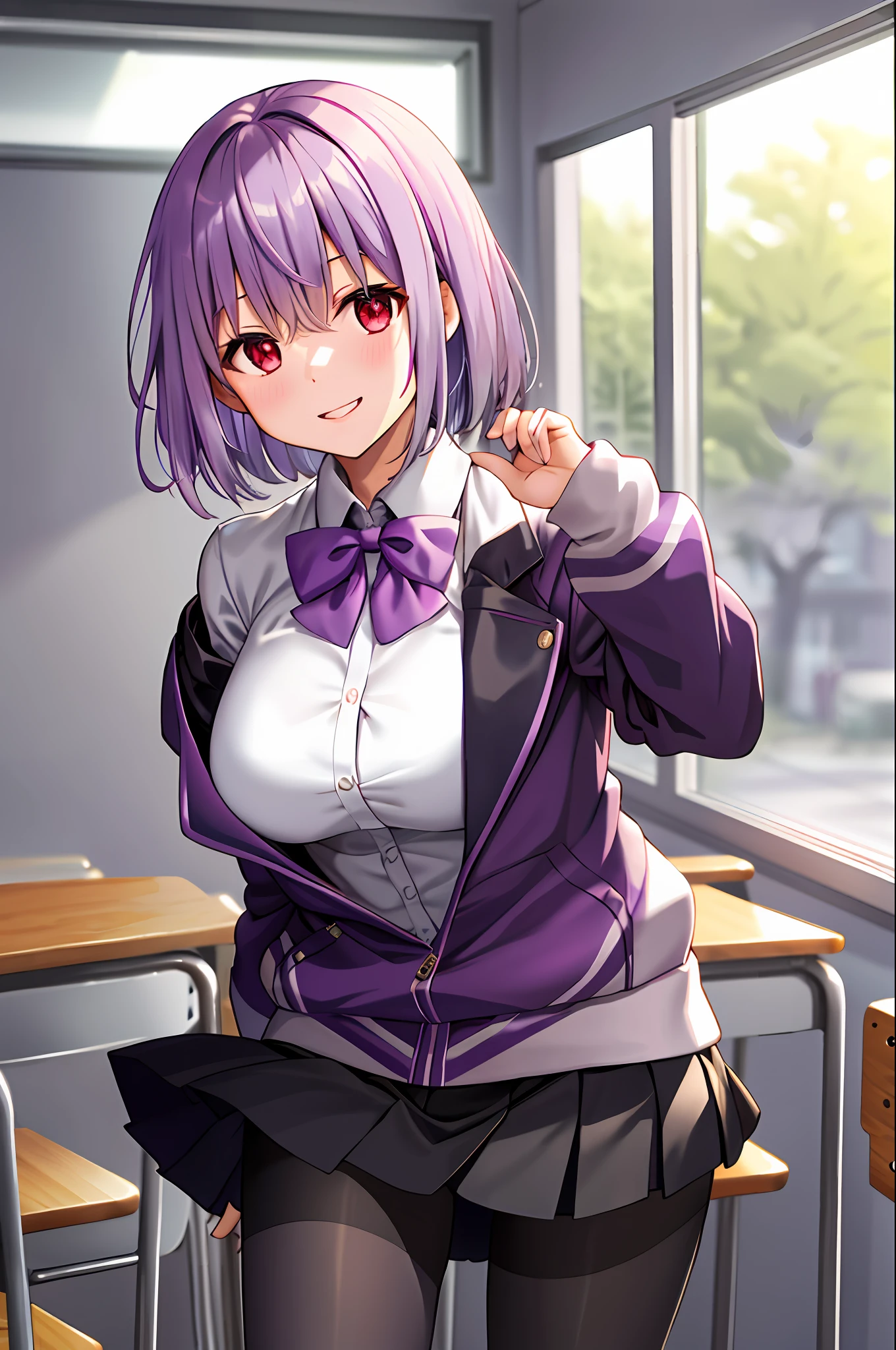 masterpiece, best quality, highres, shinjou akane, 1girl, solo, pantyhose, shirt, bow, skirt, purple jacket, jacket, white shirt, long sleeves, short hair, black skirt, collared shirt, black pantyhose, open clothes, bowtie, purple bow, breasts, bangs, red eyes, pleated skirt, off shoulder, open jacket, sleeves past wrists, light purple hair, purple bowtie, miniskirt, cowboy shot, classroom,
