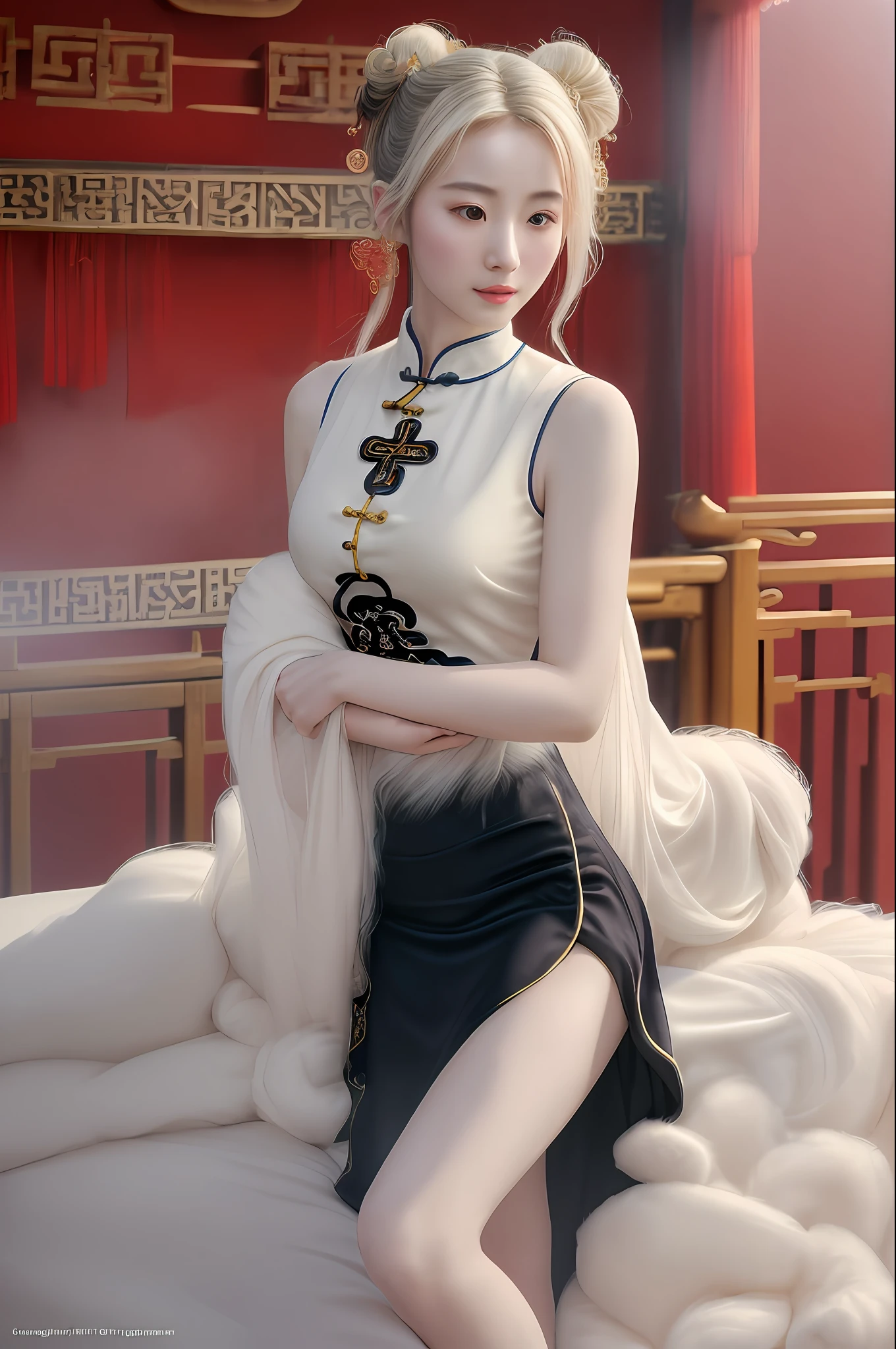 (RAW photo, best quality), (realistic, photo-realistic:1.3), extremely delicate and beautiful, Amazing, finely detail, masterpiece, ultra-detailed, highres,best illustration, best shadow,intricate,depth of field,
A Chinese Taoist woman wearing see through Taoist robe,cross-legged,off shoulders,bar shoulders,(long legs:1.4),hair bun,(((soft lighting:1.4))),(pale skin:1.4),(extremely intricate:1.2)>, (exquisitely detailed skin), cinematic light, perfect anatomy, (Taoist temple:1.4),
sharp focus, volumetric fog, 8k UHD, DSLR, high quality,( film grain:1.4), Fujifilm XT3,