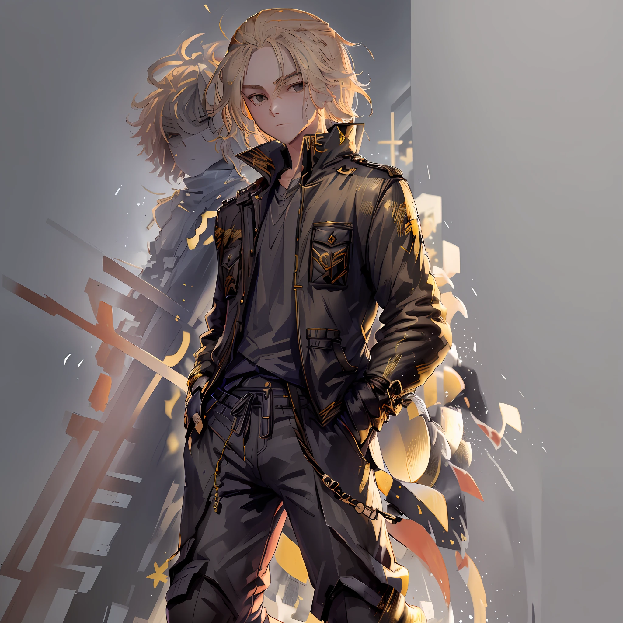 Make the mikey with the black and gold toman outfit of tokyo serum revengers with your hands in your pockets, WITH THE BACKGROUND ALL WHITE