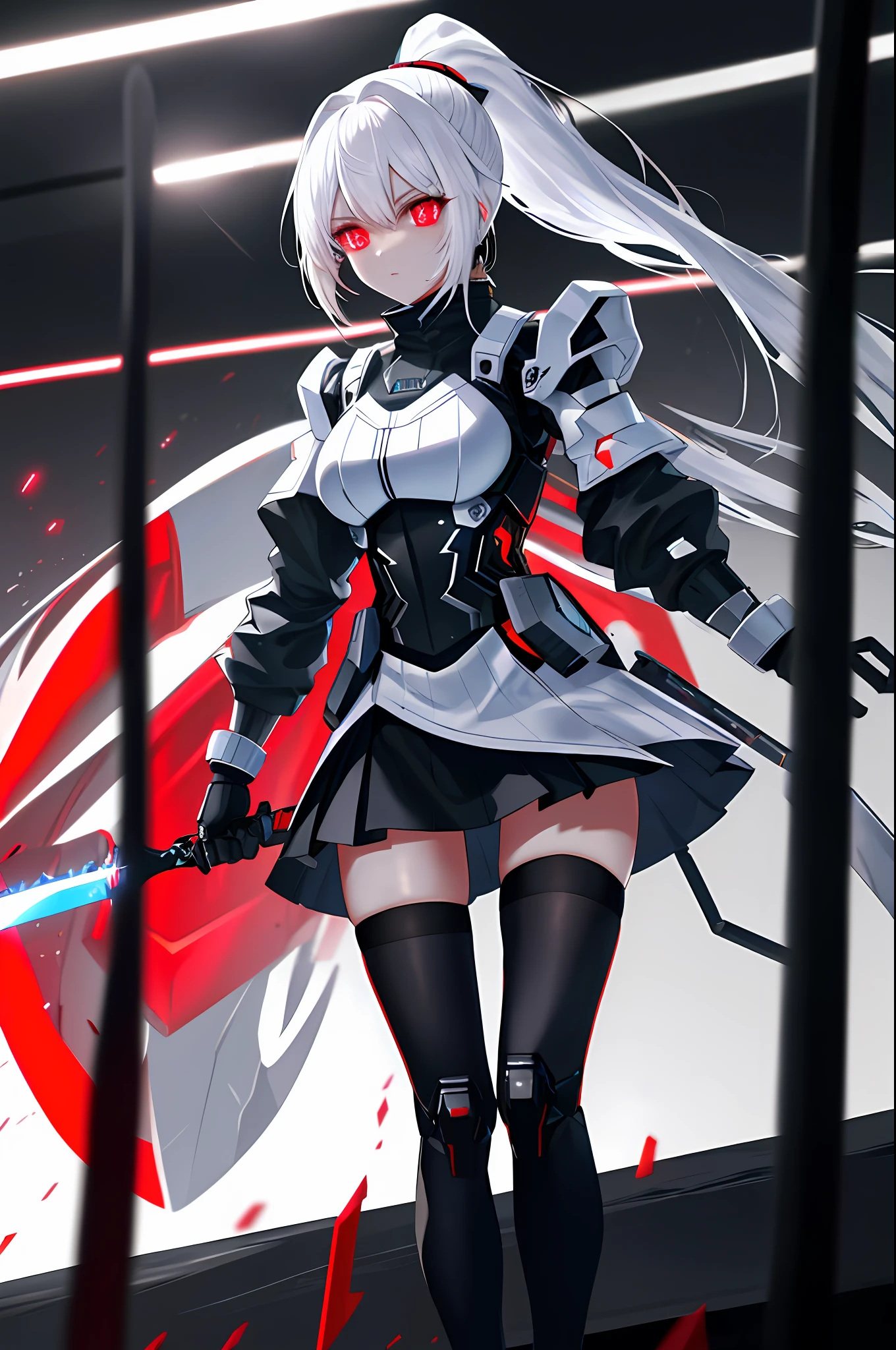 Very accurate detail, highly detailed 8K wallpaper, (Extraordinary Pretty Girl: 1.5), Break, Light White Hair, Ponytail, Exoskeleton Spine, Tights, (Red Glowing Eyes: 1.1), Fracture, Perfect Five Fingers, Headgear, Fracture, (Dynamic Angle: 1.4), White Miniskirt, Cyberpunk, World Destruction, Holding a Long and Big Knife in Light Blue: 1.1