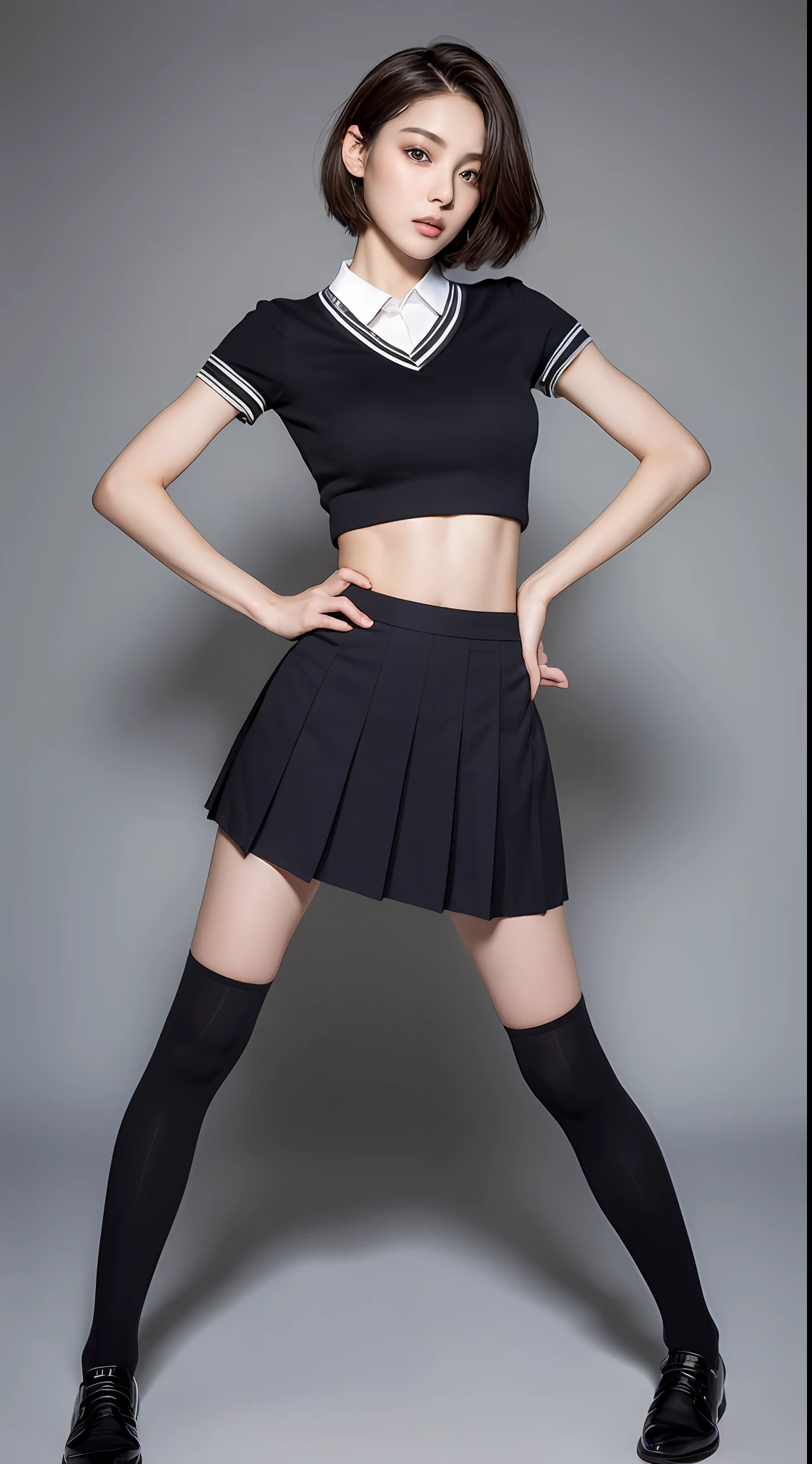 ((Top Quality, 8k, Masterpiece: 1.3)), 1 girl, Beauty with slender abs: 1.3, (Medium Short Hair, Big: 1.2), Uniform: 1.1, Ultra Detailed Face, Detailed Eyes, Double Eyelids, Black Pleated Skirt, Full Body, Navel, Knee High Socks
