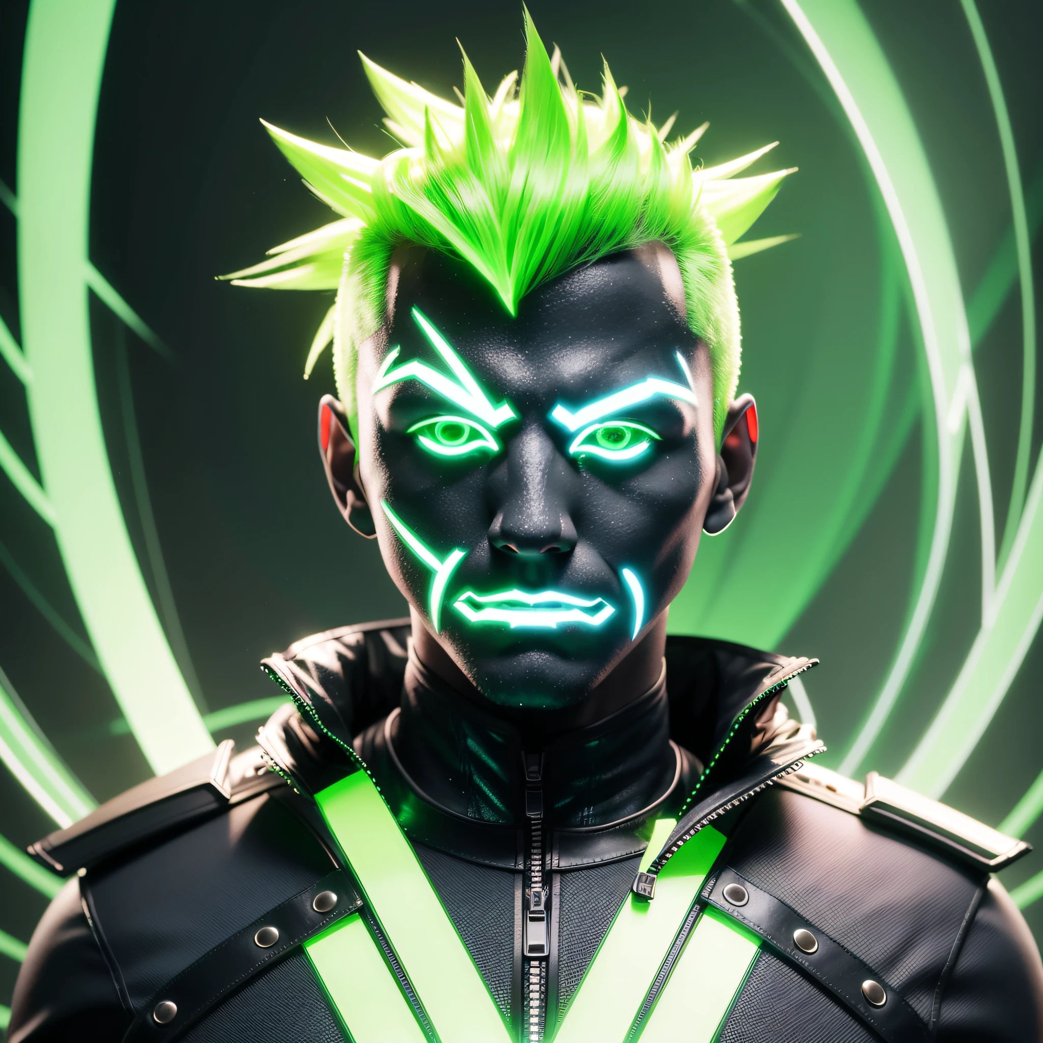 - A full-body avatar of a man, blond, mohawk, wearing an LED mask with green X-shaped eyes and a green smile and the color palette black and -light green -black. ! IMPORTANT!: 8k, 300dpi