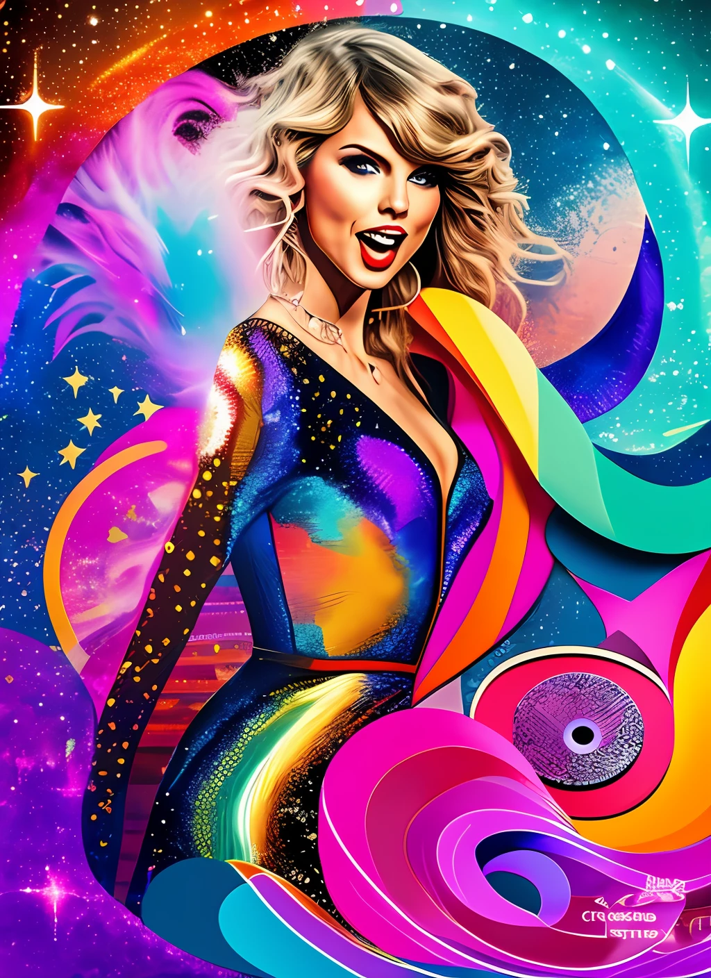 Create an ebook cover in the size of 210x297mm. The cover features a vibrant and dynamic design, capturing the energy and essence of the "Eras Tour". The background is black, with bursts of vivid colors radiating from the center of the cover. These bursts of color represent the different eras of Taylor Swift's music career, with each color symbolizing a specific album. In the center of the cover, there is a stylized image of Taylor Swift in her iconic stage performance style (singing on stage). She is wearing a stunning costume, holding a microphone in hand, and has a radiant smile on her face. Surrounding her, there are visual elements representing Taylor Swift's different music eras, such as musical notes, instruments, hearts, and stars. These elements add a touch of magic and charm to the cover. At the top of the cover, in large and impactful letters, is the title of the ebook: "Eras Tour: Taylor Swift's Musical Journey". The title is displayed in a modern and elegant font, with each word in a different color corresponding to the color palette of the bursts in the background. At the bottom of the cover, in a smaller font size, there are additional details such as the name of the ebook's author, the release date, and other relevant elements. --auto --s2