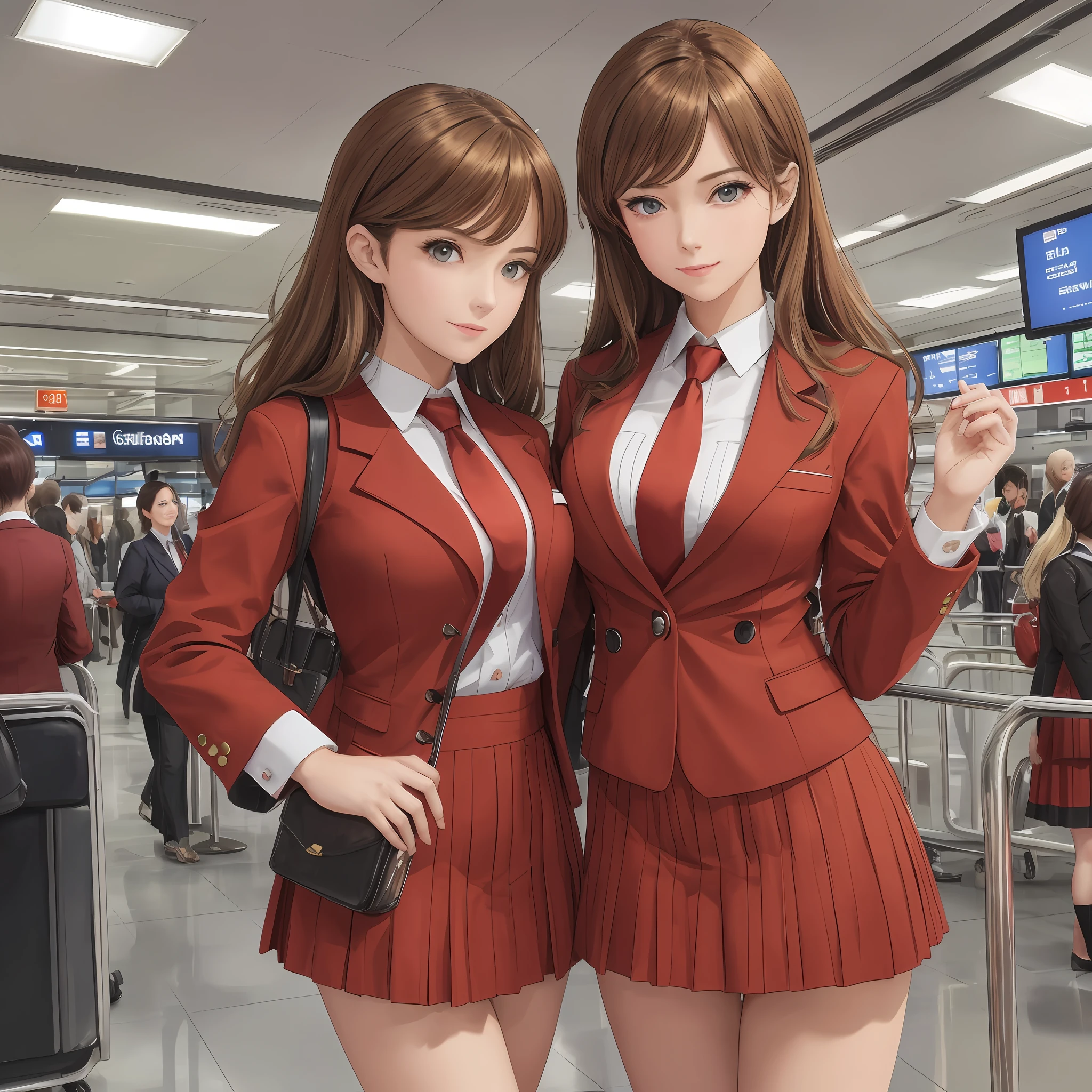{{Mature female, caucasian}}, looking at viewer, hazel eyes, extremely detailed, medium breasts, brown hair, airport, flight attendant, uniform, red blazer, necktie, red skirt, medium skirt, high heels, happy, best quality, high quality, extremely detailed anime screencap, {{{{crowded, multiple girls, thousands of sisters, millions of sisters,billions of sisters, clone, doppelganger, matching outfit, matching hairstyle}}}}
