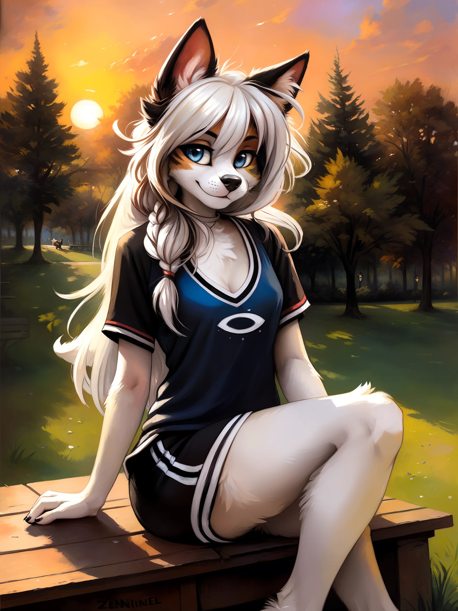 uploaded the E621, beautiful and detailed portrait of a woman (((female))) anthro dog, kenket, uploaded to E621, kilinah, lighting Zenematic, seductive, bl, cat, thighighs, big chest, full body, beautiful, messy hair, hair, white eyes, thicc, solo, standing, long hair, 2 tone hair ((white | black)), dog ears, dog face, dog tail, thighighs,  blue eyes, sportswear, sitting, park, sunset, detailed, masterpiece