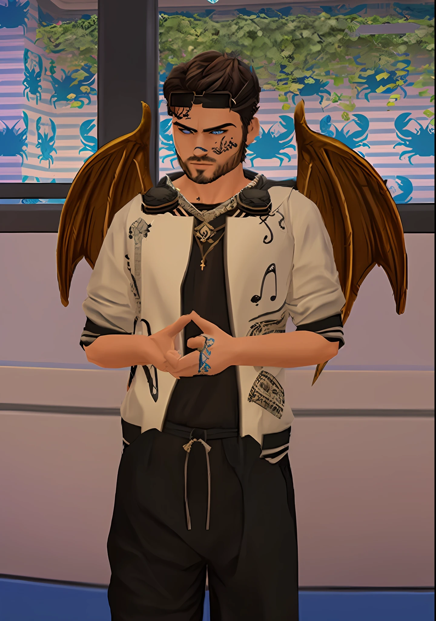 there is a man with wings on his chest and tie, ((wearing aristocratic robe)), dishonest evil male, upper body avatar, !! Highly detailed and majestic masterpiece !!, 8k, high quality, anime colors, digital art