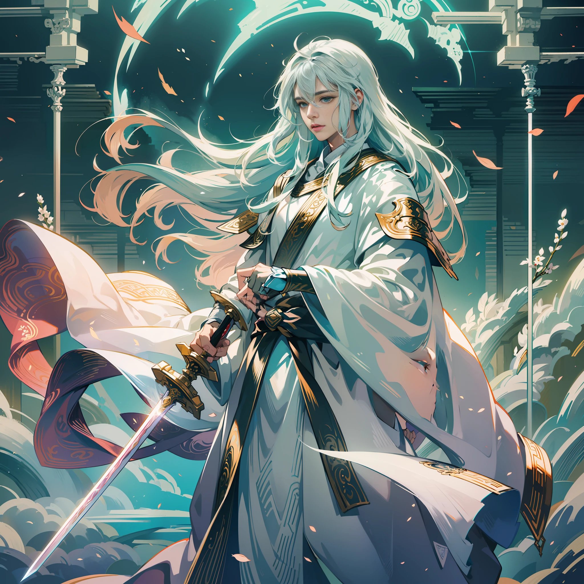 (fresh + aesthetic + ancient + mythical), high-definition, super delicate description), (1 person), white clothes, long hair cape, sword in hand, solemn eyes, waiting for the wind to slow down, flowing color, sword light suddenly appeared, the air also produced waves, man