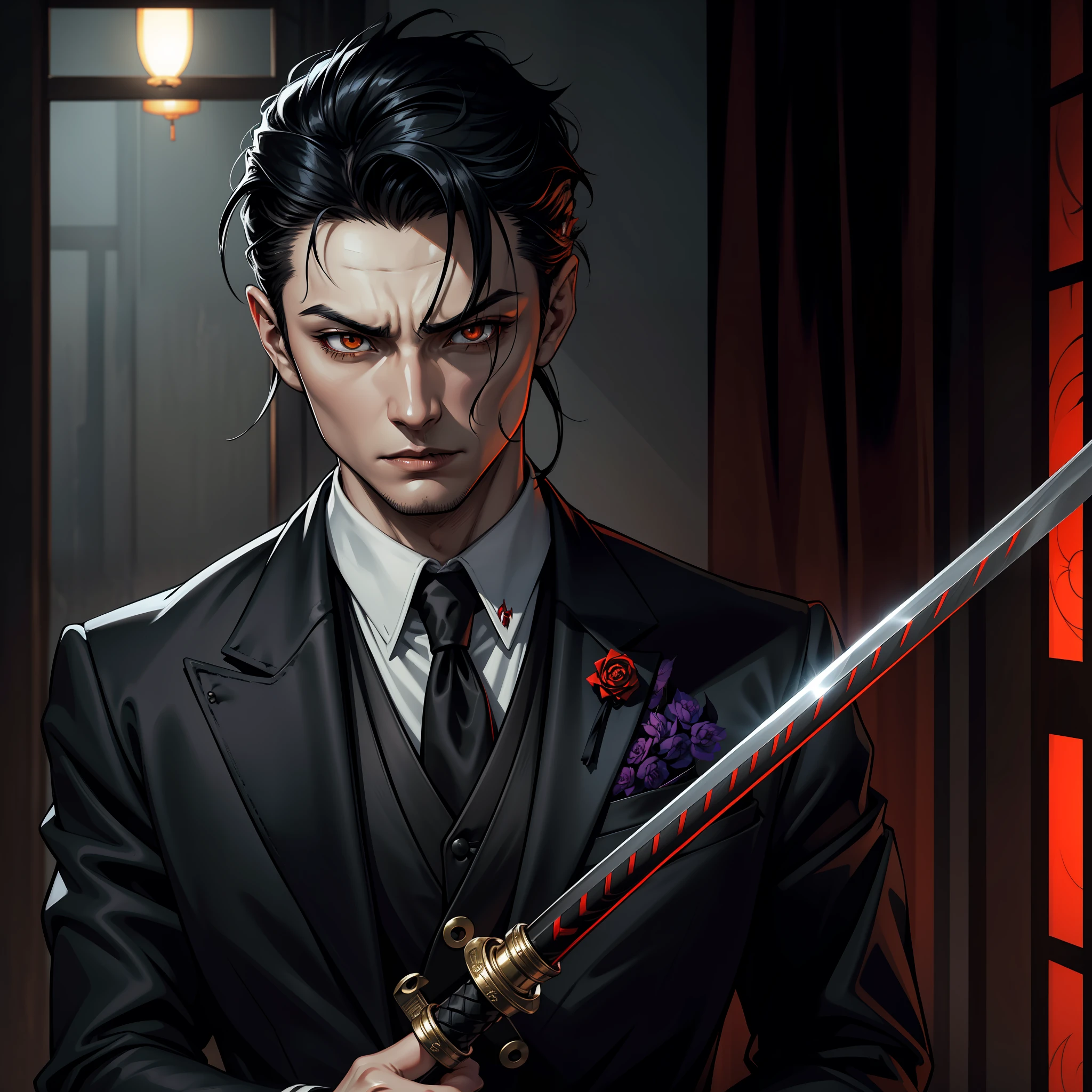 (extremely detailed 8k wallpaper), dark theme, Vampire the Masquerade, modern horror, 2020s, man, (((Asian))), wearing black suit with white shirt and black tie, sharp focus, (subsuperficial scattering:1.1), award-winning photograph, centered face, Gackt's face, ((a Banu Haqim vampire)), half-body shot:1.1, short black hair, orange oriental eyes, ((oriental eyes)), serious expression, Holding katana sword, interior of oriental martial arts academy, dramatic lighting