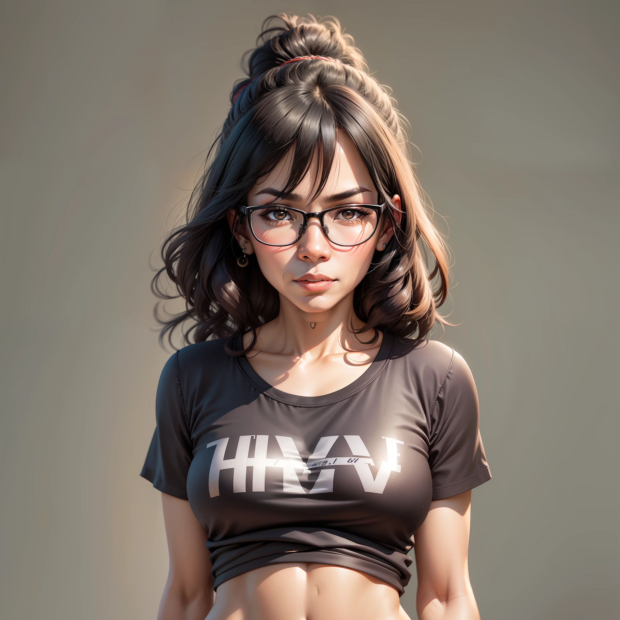 a portrait of a mixed-race woman (Japanese grandmothers) with dark and medium hair, wearing glasses, Brazilian, with biker pants and a short Harley-Davidson T-shirt.