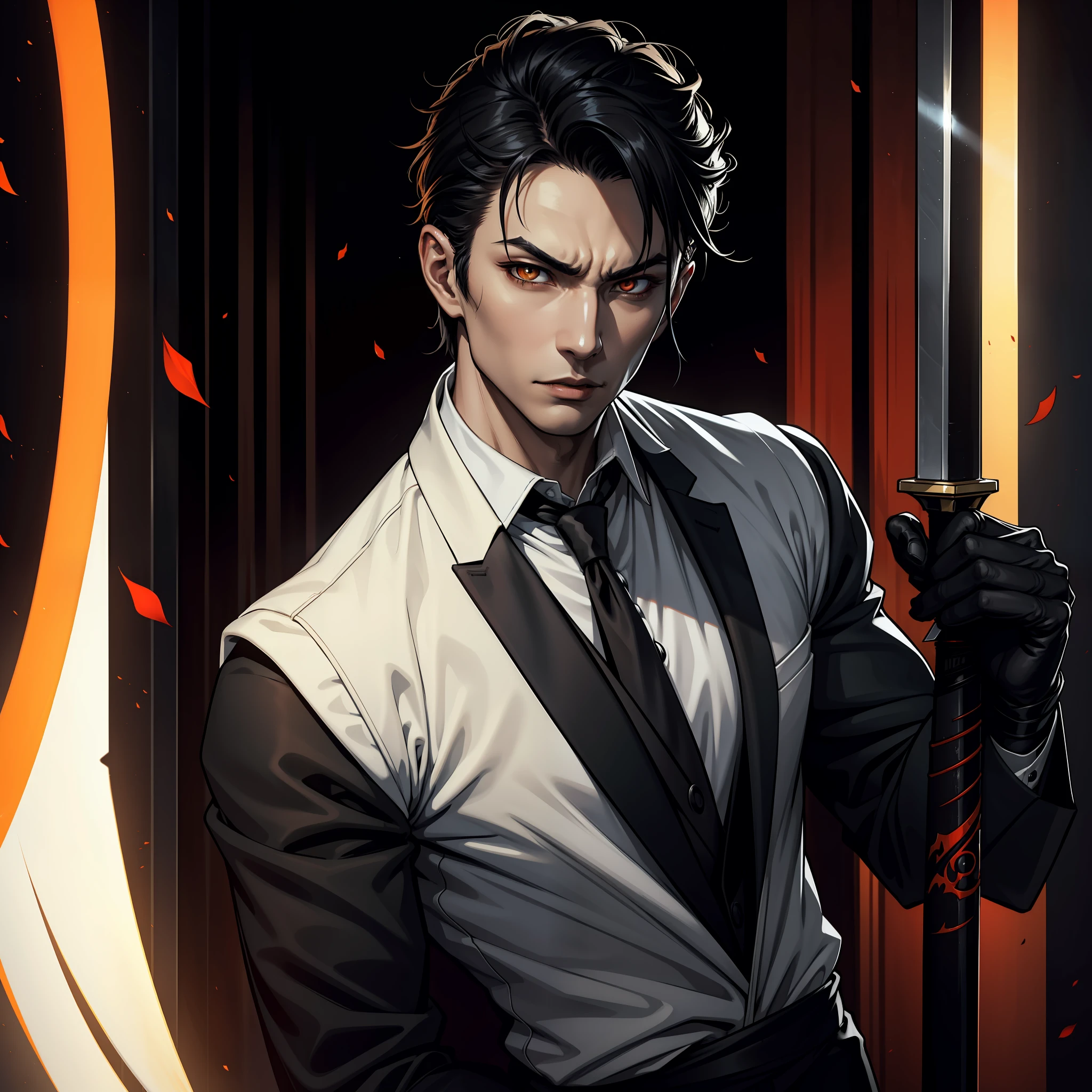 (extremely detailed 8k wallpaper), dark theme, Vampire the Masquerade, modern horror, 2020s, man, (((Asian))), wearing black suit with white shirt and black tie, sharp focus, (subsuperficial scattering:1.1), award-winning photograph, centered face, Gackt's face, ((a Banu Haqim vampire)), half-body shot:1.1, short black hair, orange oriental eyes, ((oriental eyes)), serious expression, Holding katana sword, interior of oriental martial arts academy, dramatic lighting