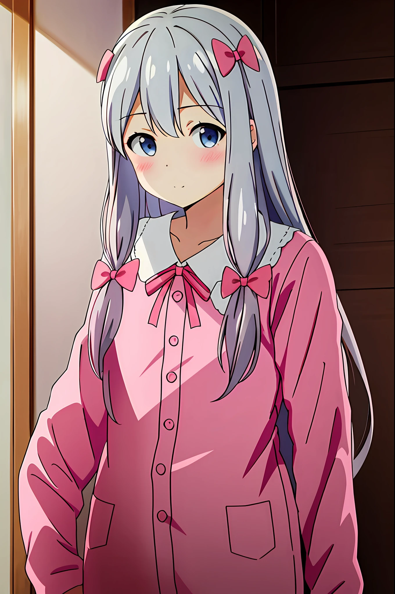 masterpiece, best quality, izumi_sagiri,bow, pink_bow, long_hair,silver hair, pajamas, hair_bow,