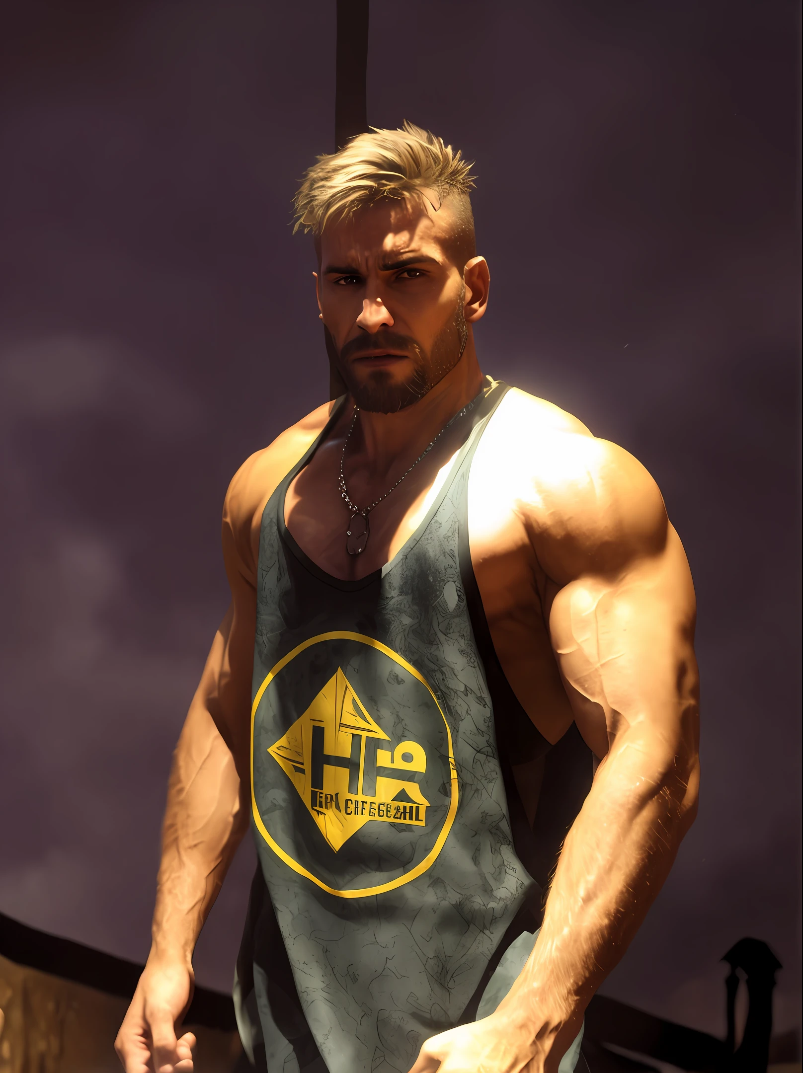 masterpiece, detailed, intricate, epic fantasy, colorful, full body, slight angle, man, 40 years old, hulking, brawny, fitted, ankle wraps, very hairy torso, big strong hands, fine detailed, running, intense action, dynamic juxtaposition, skimpy revealing slavery outfit, receding hairline, smirk, gladiator, with a sword, blades, big ancient city on fire in the background, heavy rain, smoggy, pointing away, depth of field, particle effects, high quality shadows, intense action --auto --s2