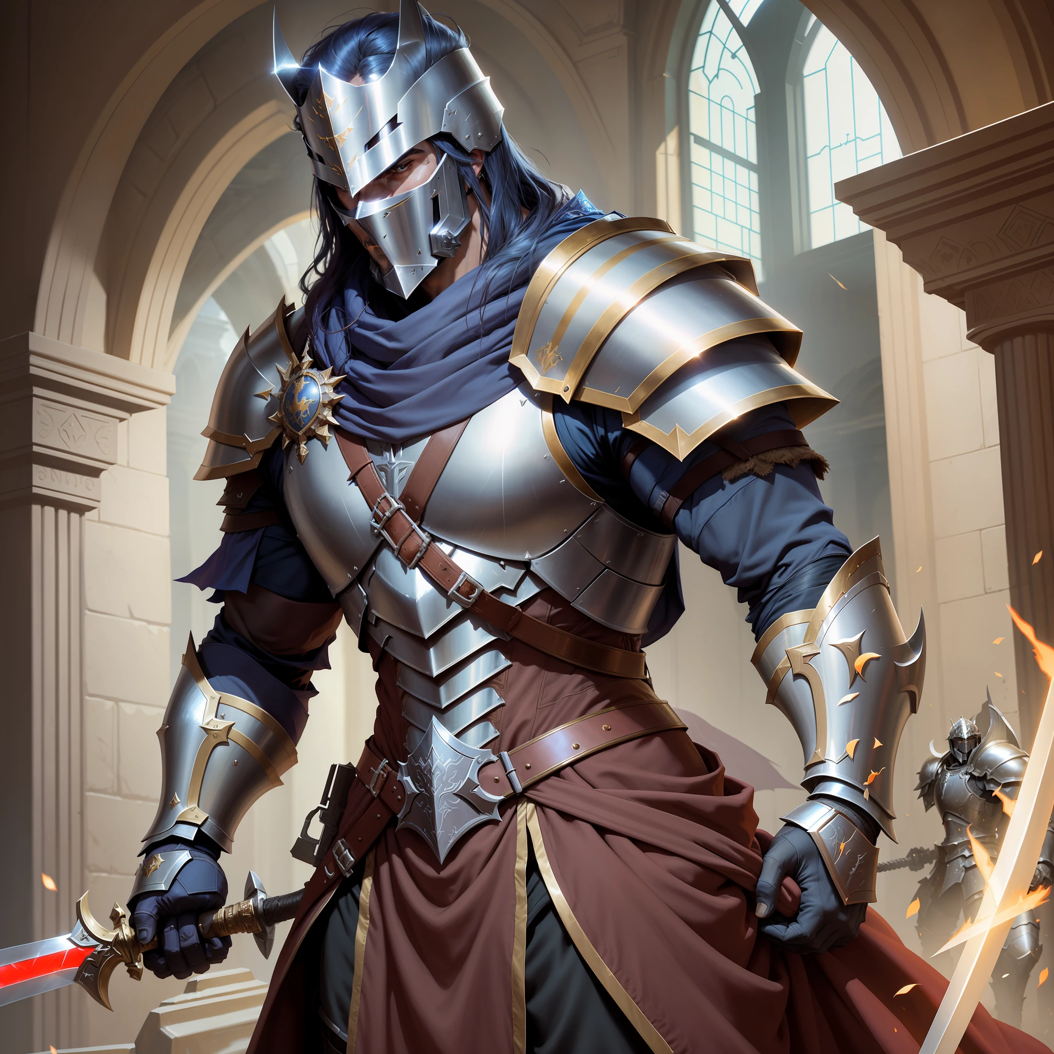 there is a man in armor holding a sword in a building, fantasy paladin, artgerm craig mullins, ares with heavy armor and sword, artgerm and craig mullins, male paladin, fantasy knight, fantasy warrior in full armor, strong fantasy knight, gothic knight, armored knight, full portrait of magical knight, evil knight --auto --s2