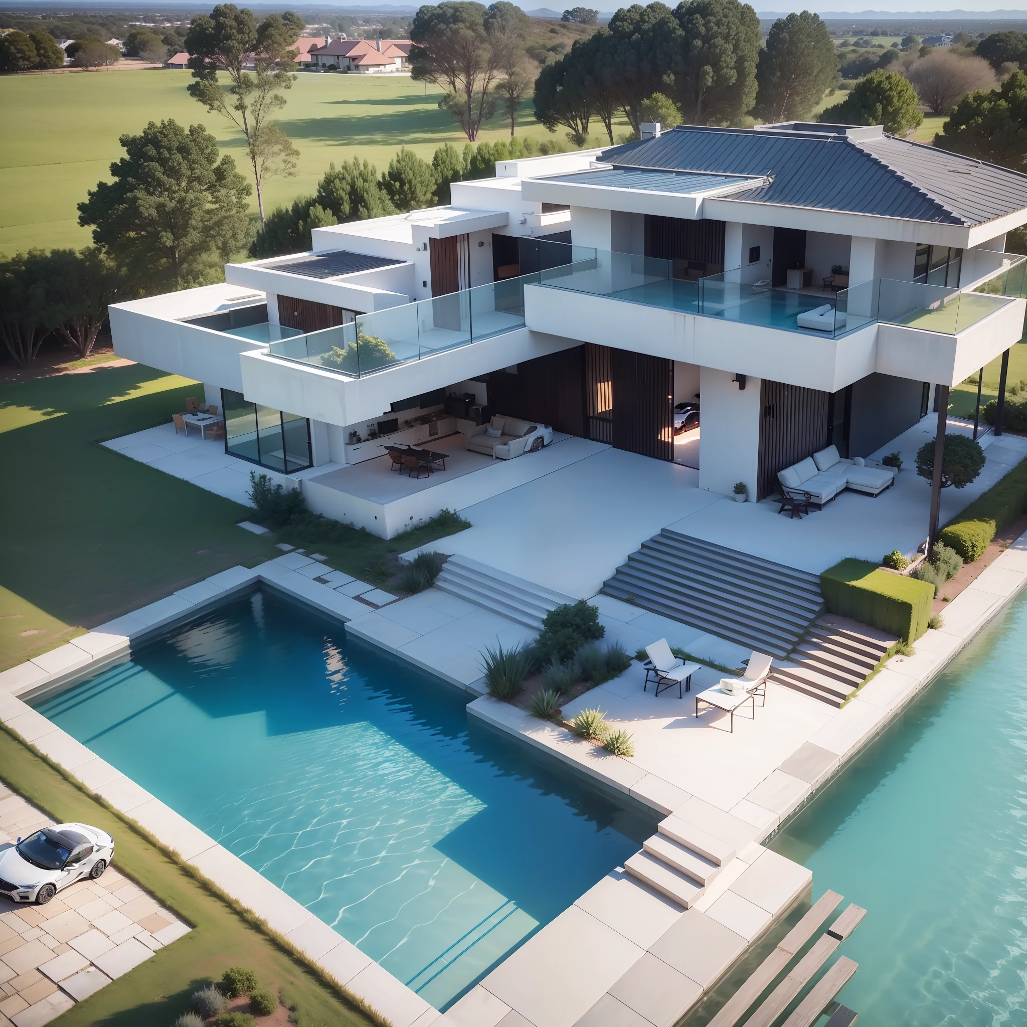Beautiful house, modern, with pool on its side and a sports car, photo taken by drone, realistic appearance, award-winning photo, beautiful landscape and sunset in the background, shade more focused on blue, 4K, super detail, UHD, best quality --auto --s2