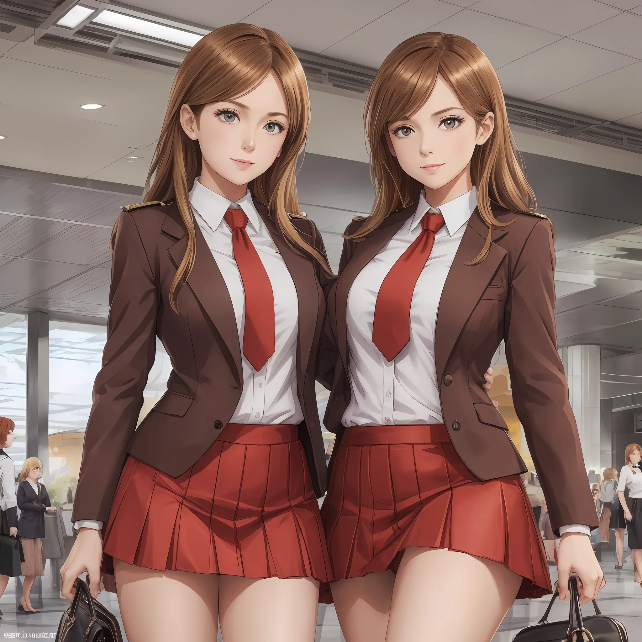 {{Mature female, caucasian}}, looking at viewer, hazel eyes, extremely detailed, medium breasts, brown hair, airport, flight attendant, uniform, red blazer, necktie, red skirt, medium skirt, red high heels, happy, best quality, high quality, extremely detailed anime screencap, {{{{crowded, multiple girls, thousands of sisters, millions of sisters,billions of sisters, clone, doppelganger, matching outfit, matching hairstyle}}}}, full body