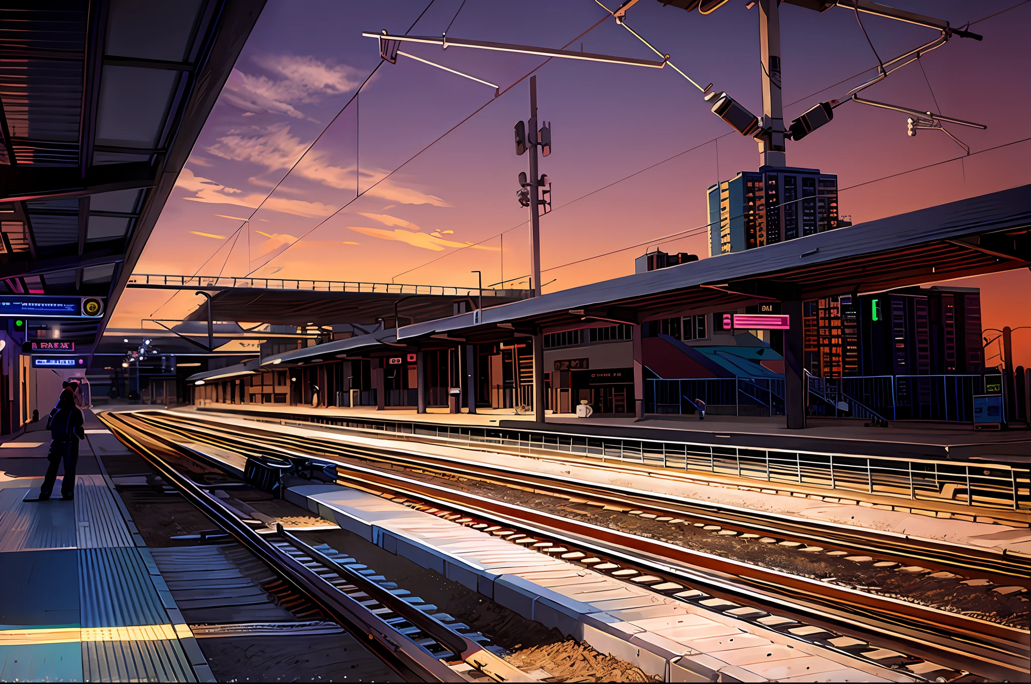 4k, woman waiting at station for train, track, train, wire