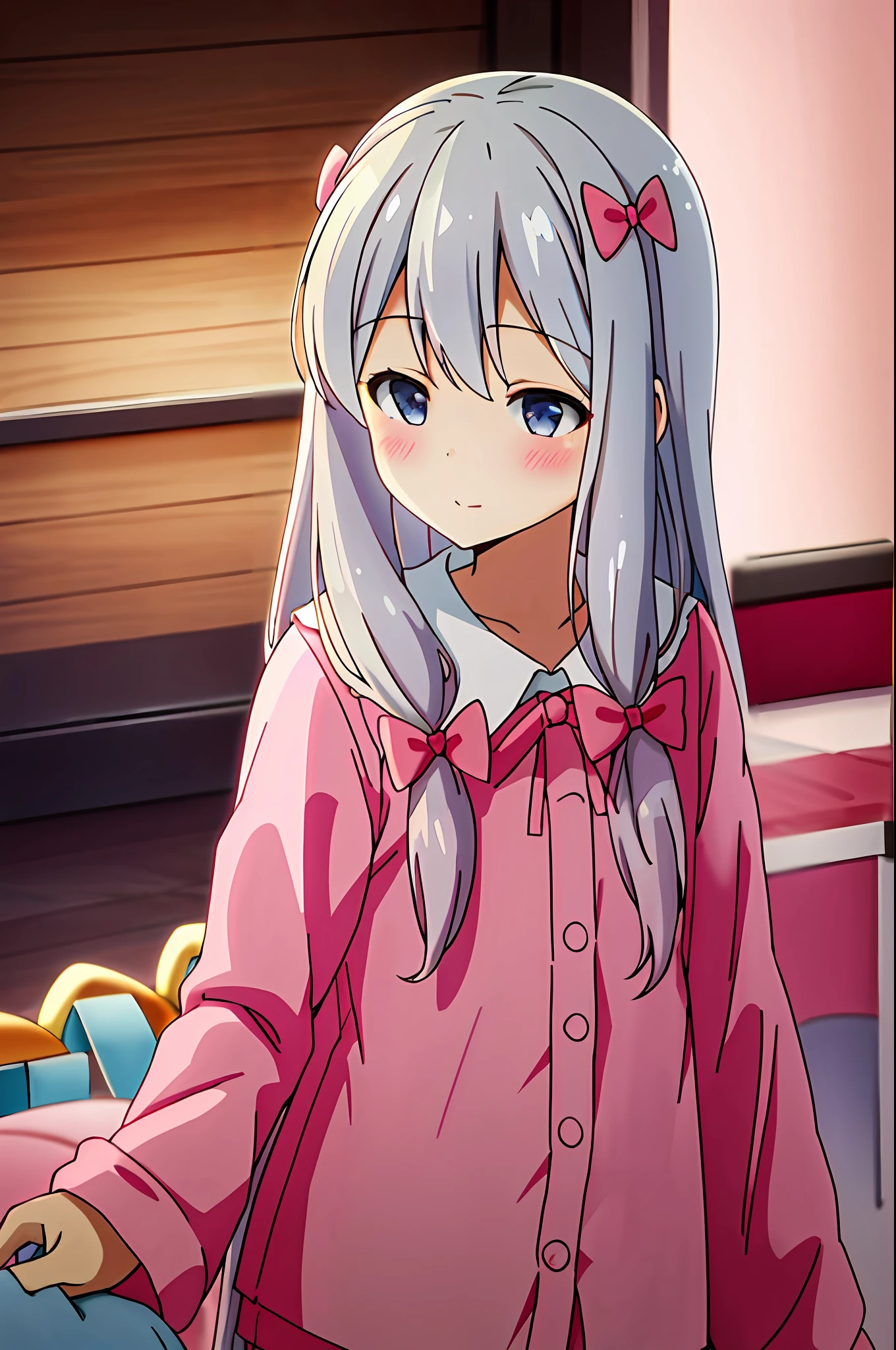 masterpiece, best quality, izumi_sagiri,bow, pink_bow, long_hair,silver hair, pajamas, hair_bow,