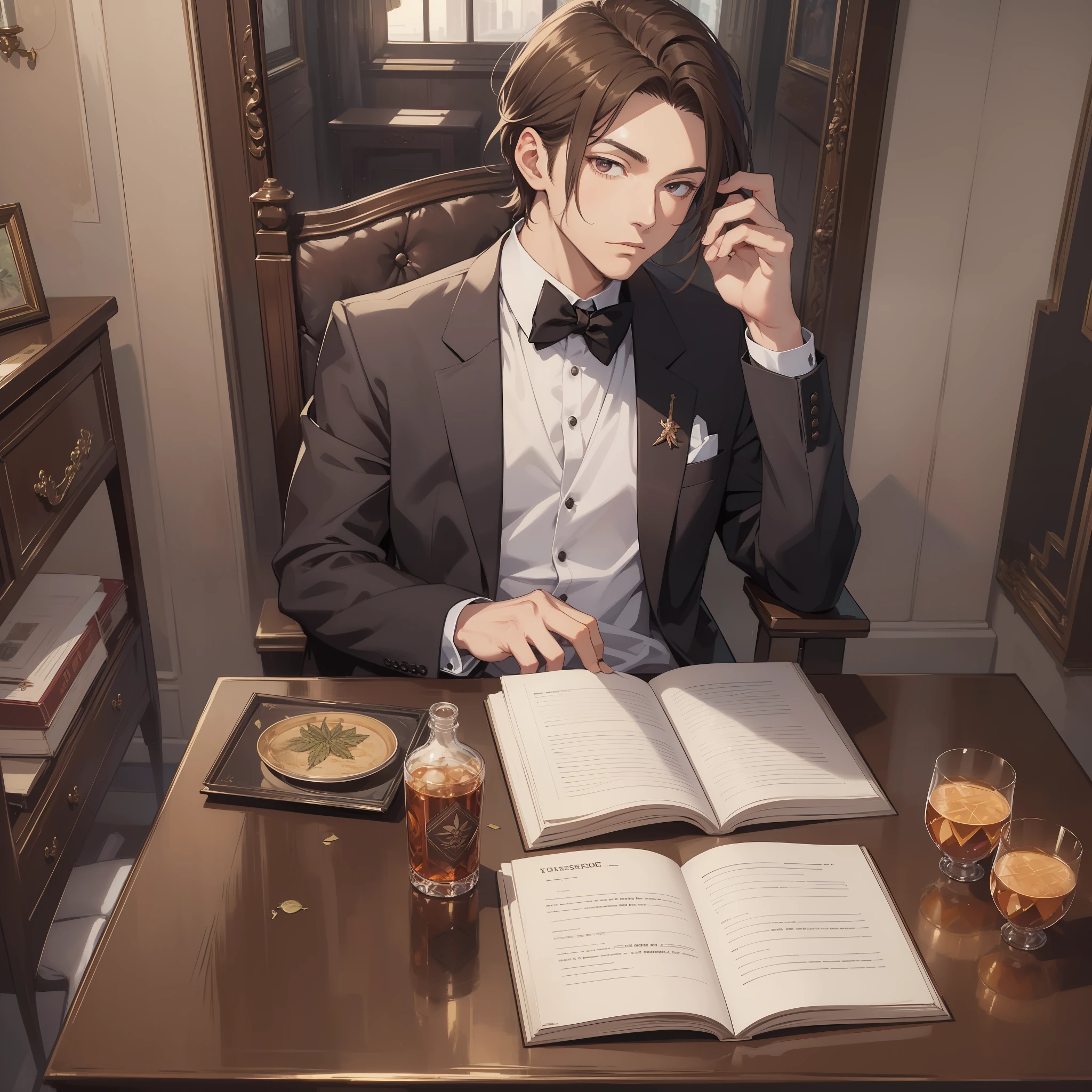 masterpiece, top quality, 1 male, brown hair, student, freak, fine eye detail, intricate detail, (style-pixiv:0,8), portrait, (freaky, drunk :0,7 ), solo, full body , background details, (mansion, weed: 1.1) dynamic, son of boss mafia, student clothes, mafia mansion background